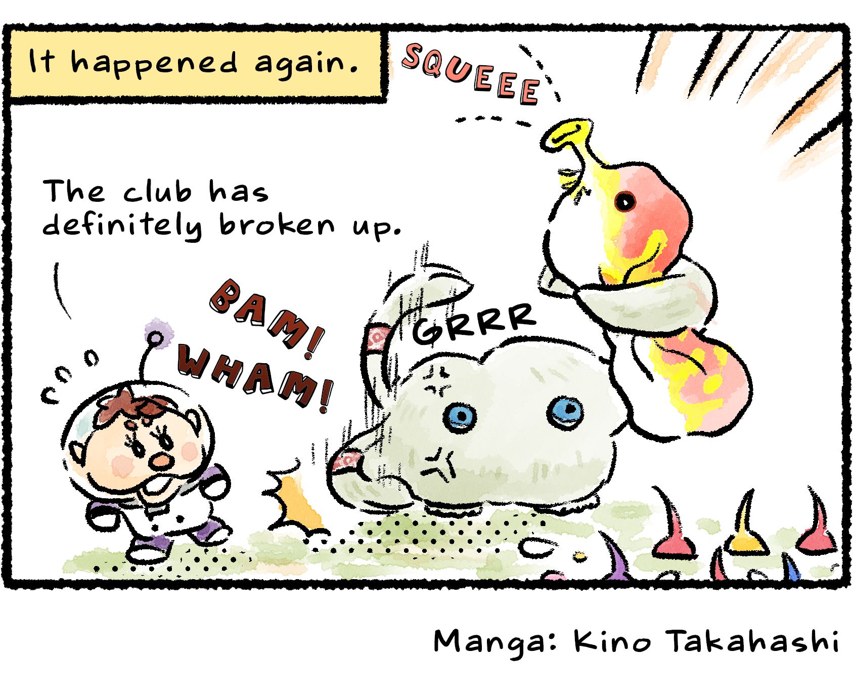 Panel four. From the front, we see the Mamuta's Pikmin have once again had their flowers blown away by a Withering Blowhog. As the Mamuta beats up the Withering Blowhog, descriptive text reads: "It happened again. The club has definitely broken up."
