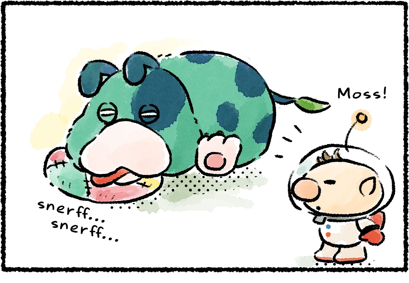 Panel one. Olimar comes upon Moss using his cushy chair as a pillow. "Moss!" Olimar says. Moss is fast asleep, snoring and drooling.