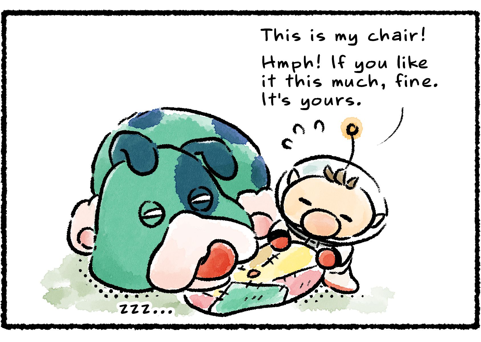 Panel two. Olimar tries to pull the chair out from under Moss. "This is my chair!" he says. Moss won't move or wake up. "Hmph! If you like it this much, fine. It's yours."