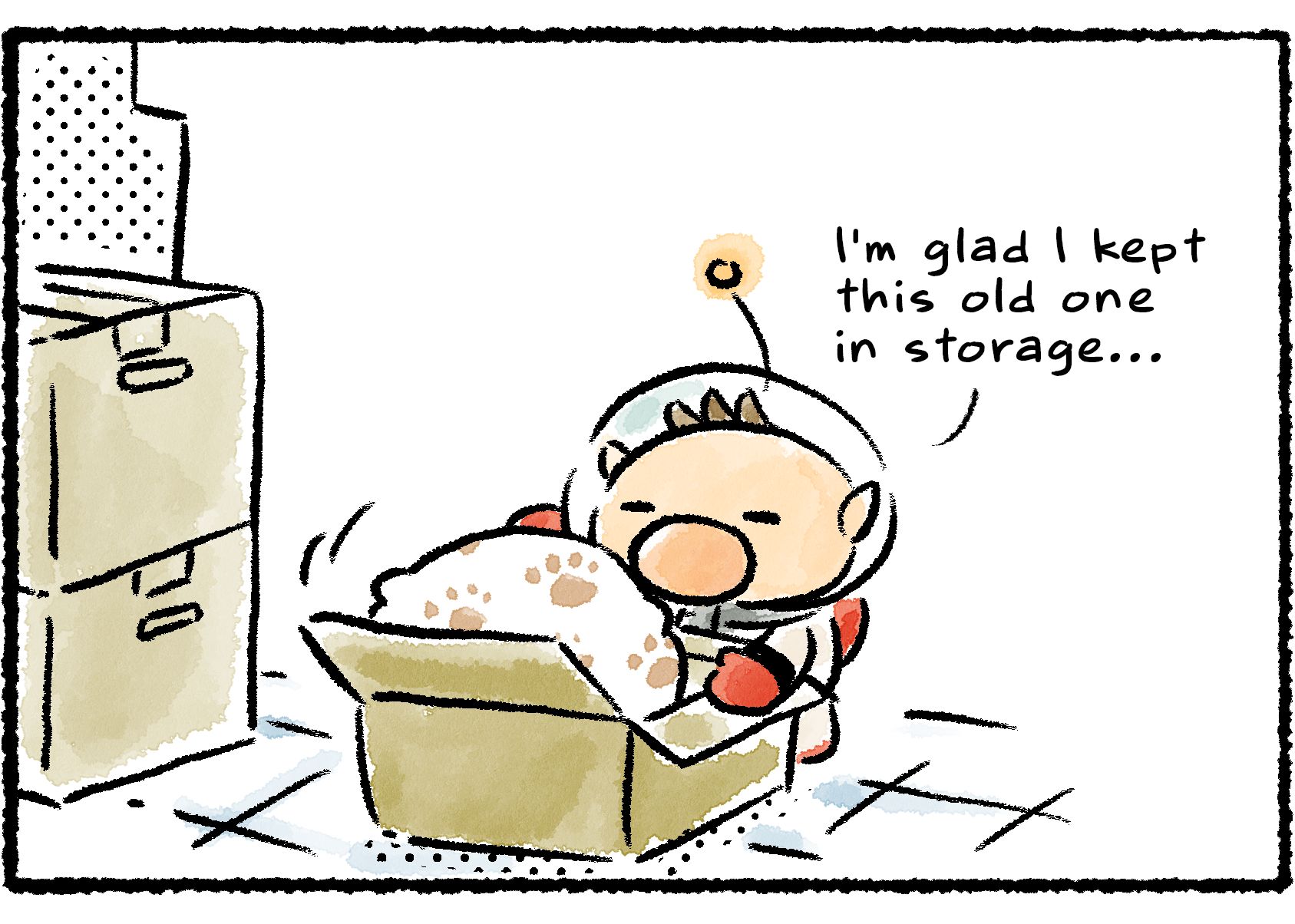 Panel three. Olimar unpacks a different cushy chair from an old box. "I'm glad I kept this old one in storage..."
