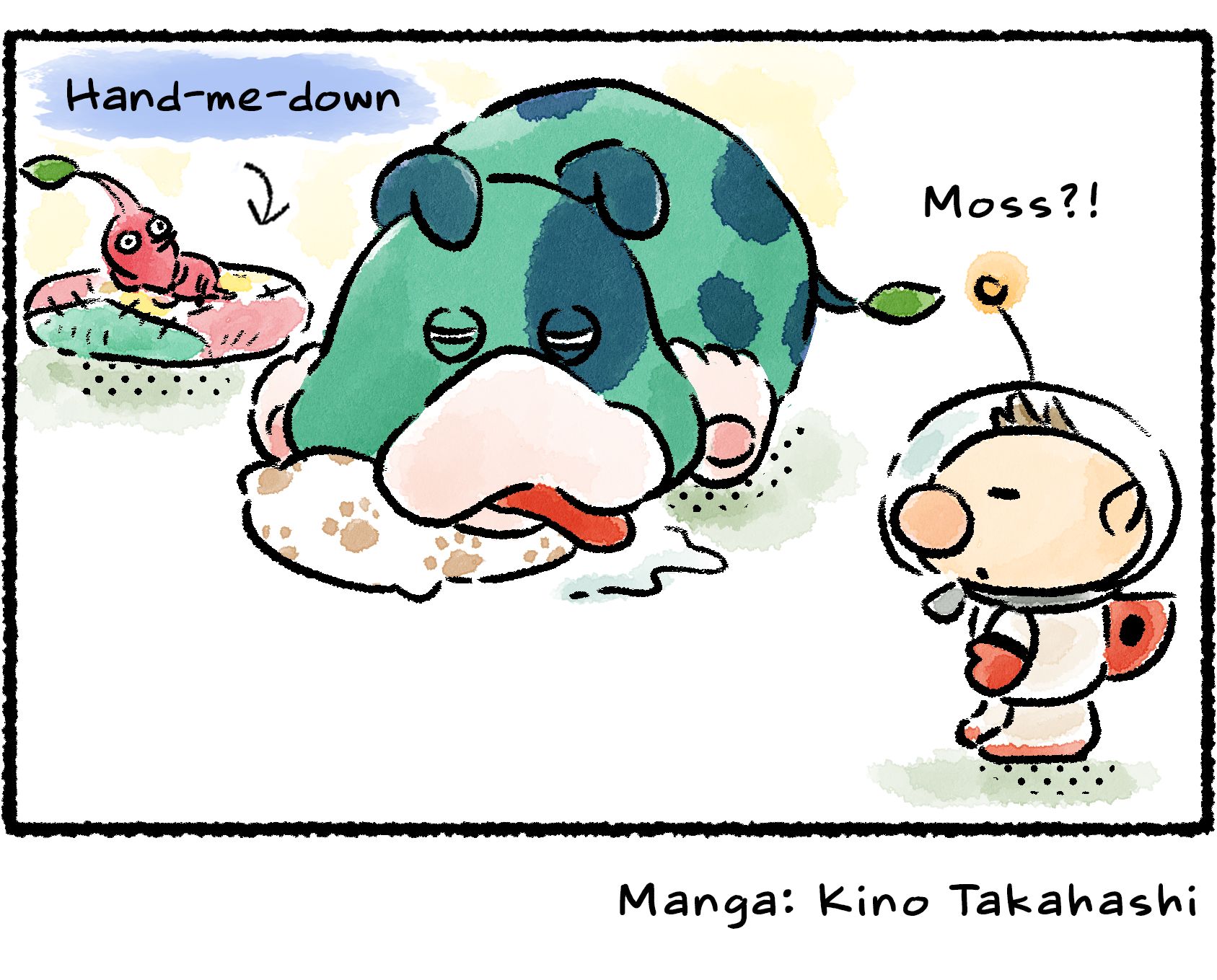 Panel four. Olimar finds Moss using the old chair from storage as a new pillow. "Moss?!" he says. A Red Pikmin has taken up residence in the chair Moss left behind. Descriptive text pointing to the Pikmin reads, "Hand-me-down".