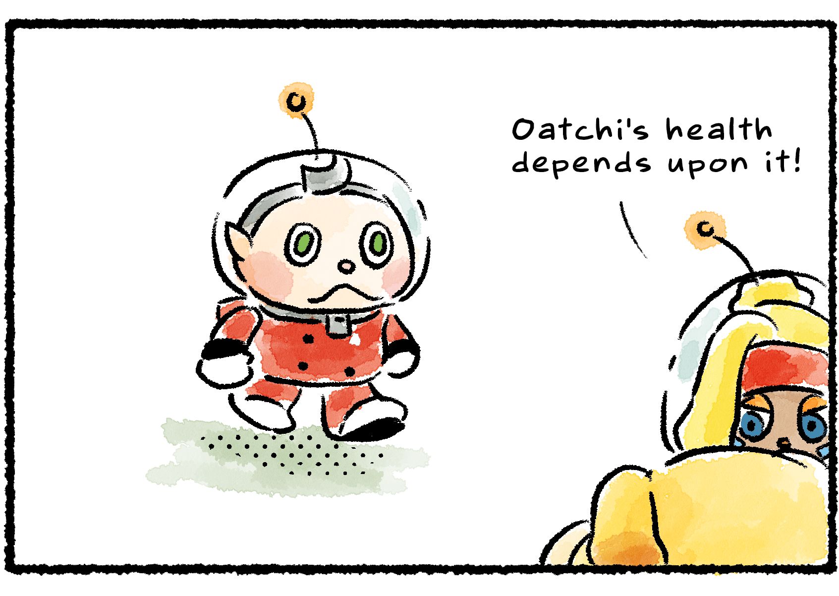 Panel two. Collin follows Shepherd over to Oatchi, who we see only from the back. "Oatchi's health depends on it!" Shepherd says.