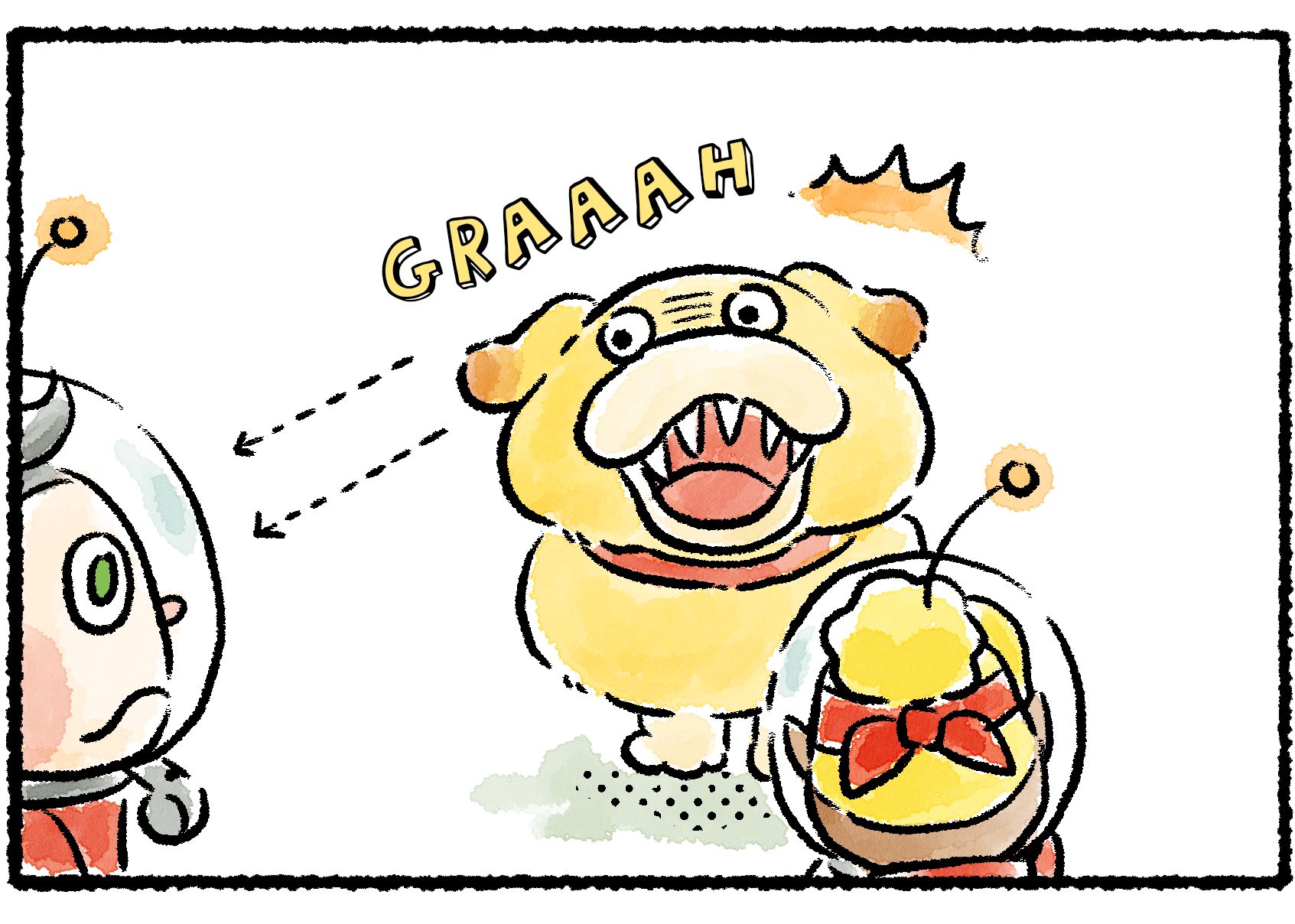 Panel three. We now see Oatchi from the front: he's got his mouth open and is showing his teeth to Collin in a frightening expression. "GRAAAH," Oatchi says.