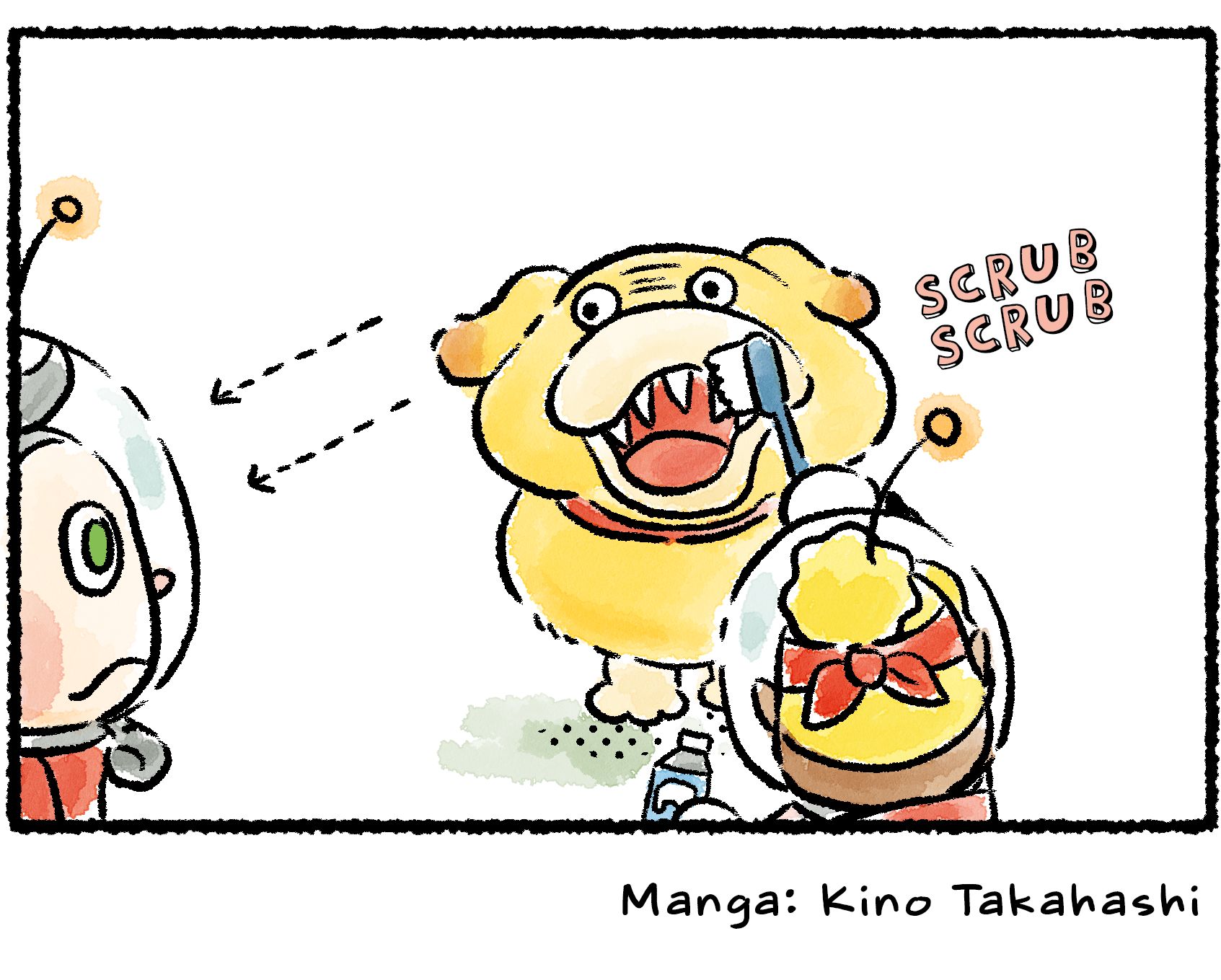 Panel four. Shepherd begins brushing Oatchi's teeth.