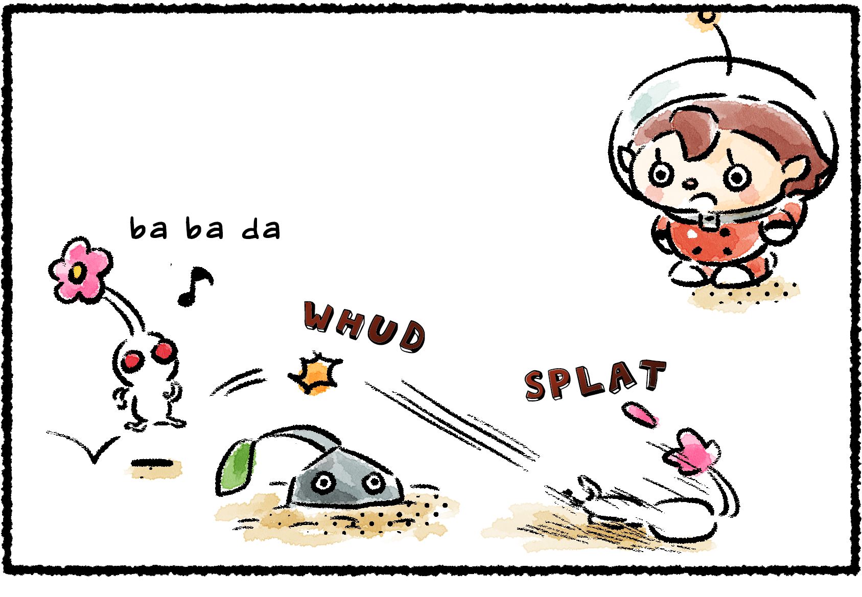 Panel one. A Rescue Officer watches with a frown as a White Pikmin trips over a Rock Pikmin sticking out of the ground with its eyes showing. The White Pikmin falls flat on its face.