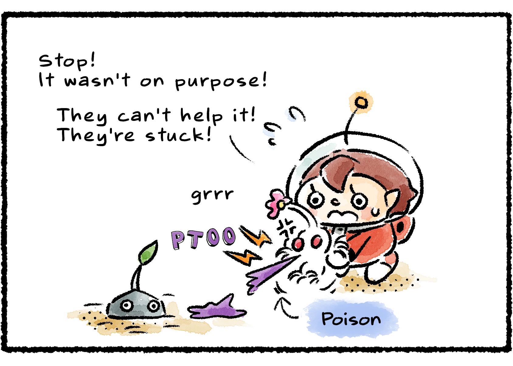 Panel two. The White Pikmin gets angry and starts spitting poison at the Rock Pikmin. The Rescue Officer holds it back, saying, "Stop! It wasn't on purpose! They can't help it! They're stuck!"