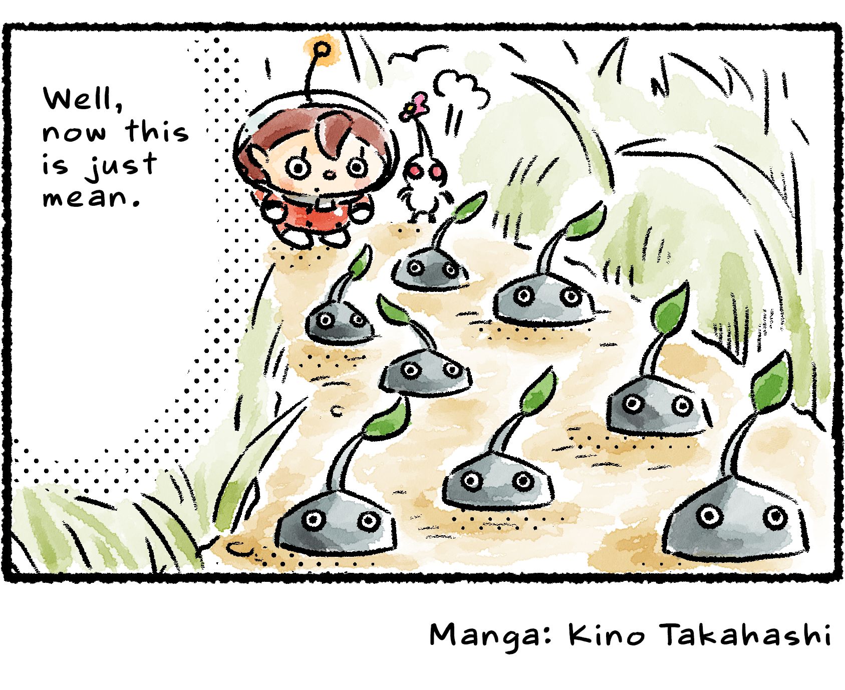 Panel four. The Rescue Officer and White Pikmin come upon a whole herd of Rock Pikmin in their way, all submerged in the ground with their eyes sticking out. "Well," the Rescue Officer says, "now this is just mean."
