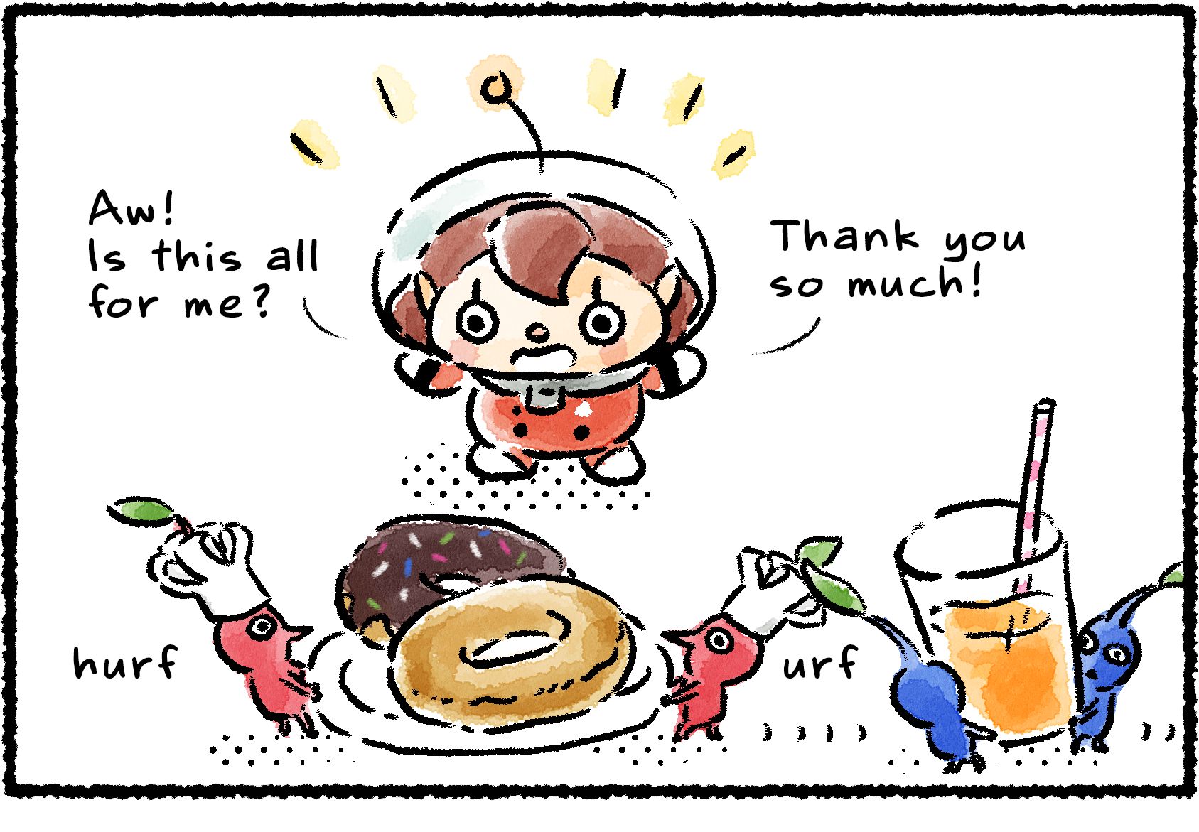 Panel one. Two Red Pikmin wearing little chef hats carry a plate of donuts to a Rescue Officer, while two Blue Pikmin follow up with a glass of orange juice. "Aw!" the Rescue Officer says. "Is this all for me? Thank you so much!"