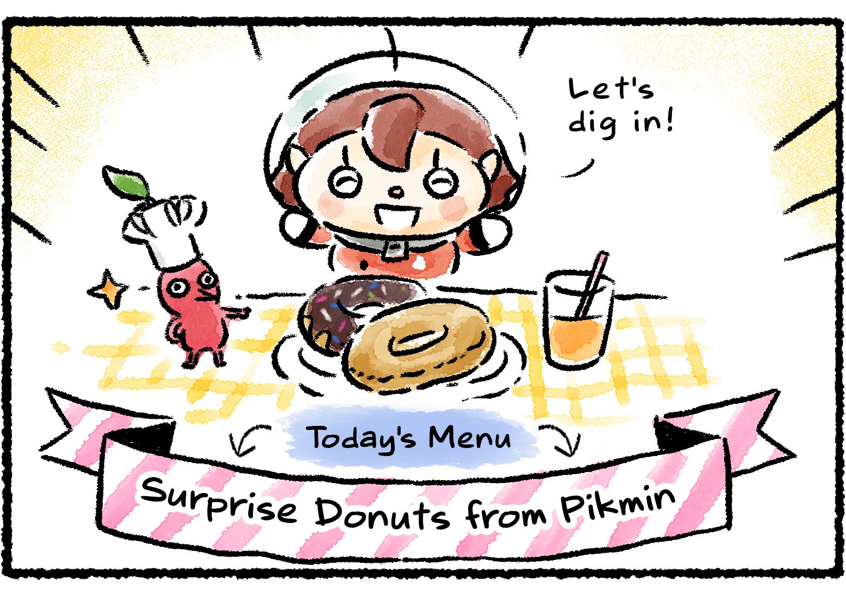 Panel two. The Rescue Officer sits down at a table with the donuts and orange juice, smiling. "Let's dig in!" One of the Red chef Pikmin poses by descriptive text that reads, "Today's Menu". Below that, a banner: "Surprise Donuts from Pikmin".