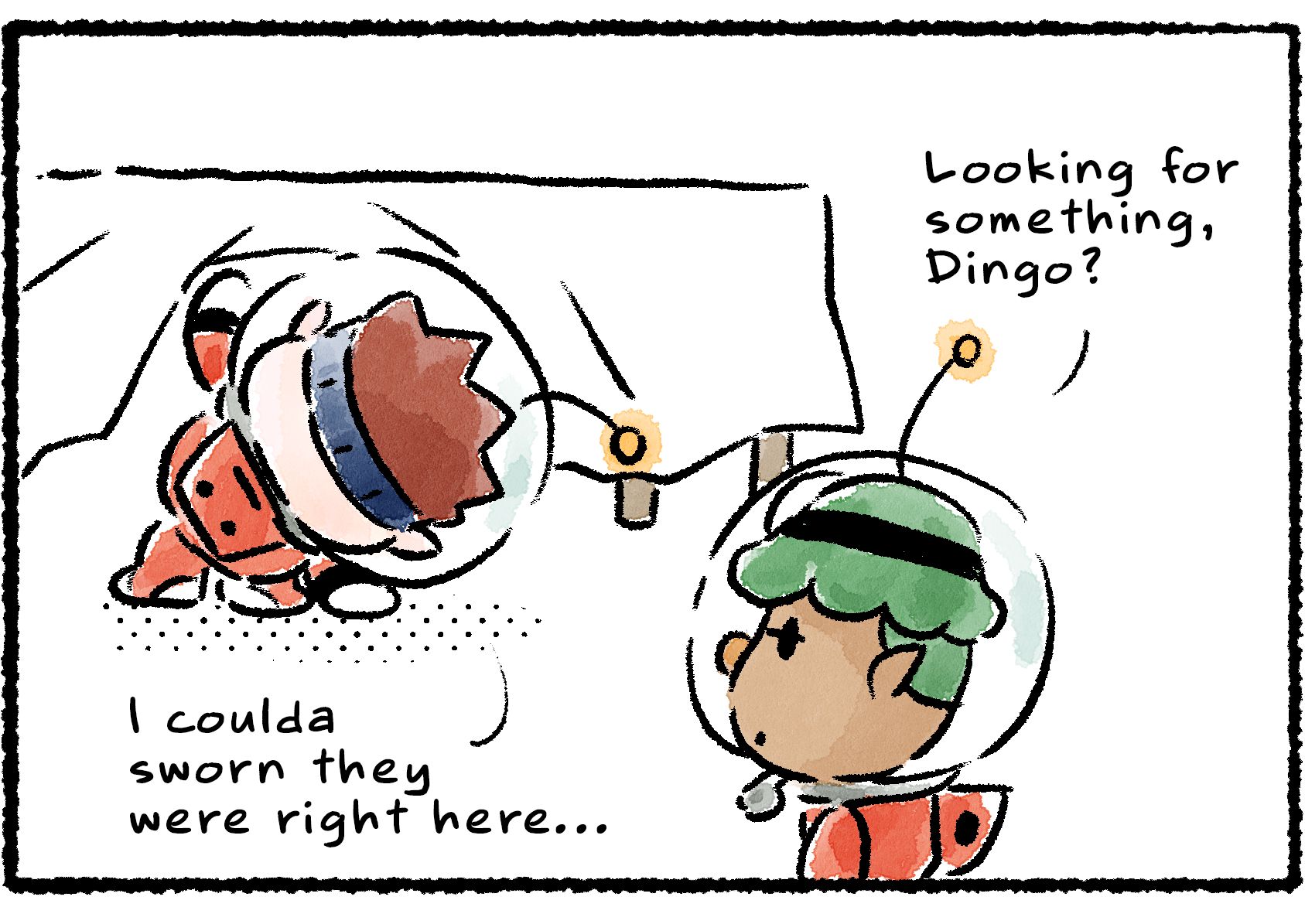 Panel three. Dingo searches under a table. "Looking for something, Dingo?" Yonny asks. Dingo says, "I coulda sworn they were right here..."