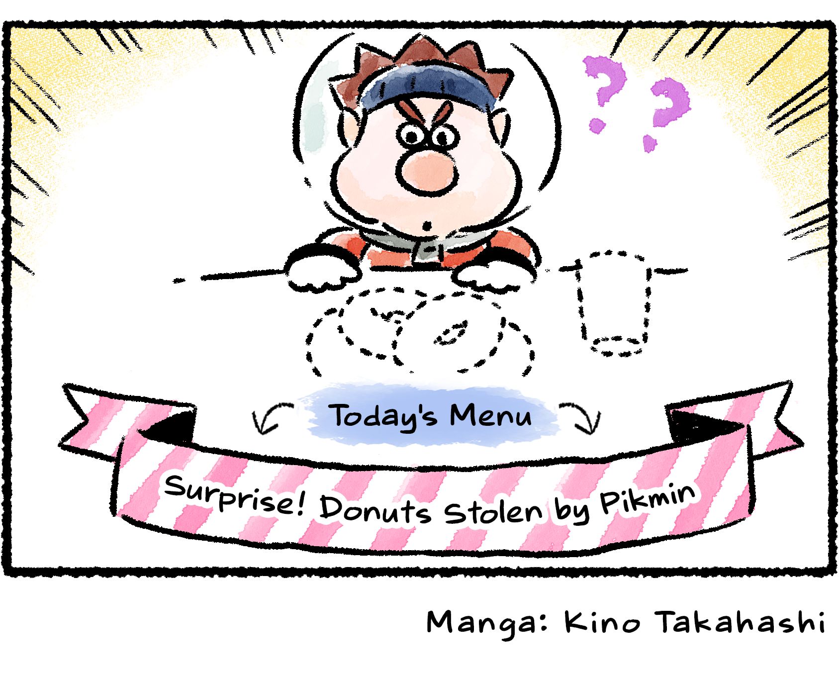 Panel four. Dingo sits at his empty table, looking confused. Descriptive text reads "Today's Menu", and below that, a banner: "Surprise! Donuts Stolen by Pikmin". Dotted outlines show where the donuts and orange juice used to be.
