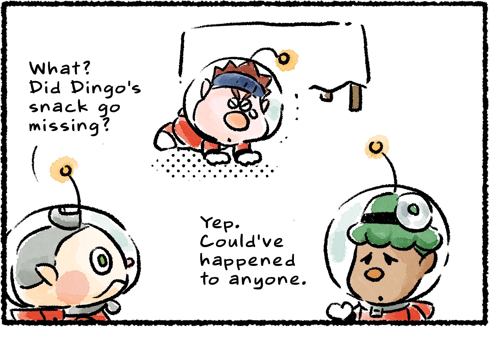 Panel one. Dingo is on the floor by a table, looking distraught. "What?" Collin asks Yonny. "Did Dingo's snack go missing?" Yonny says, "You better watch out too, Collin."