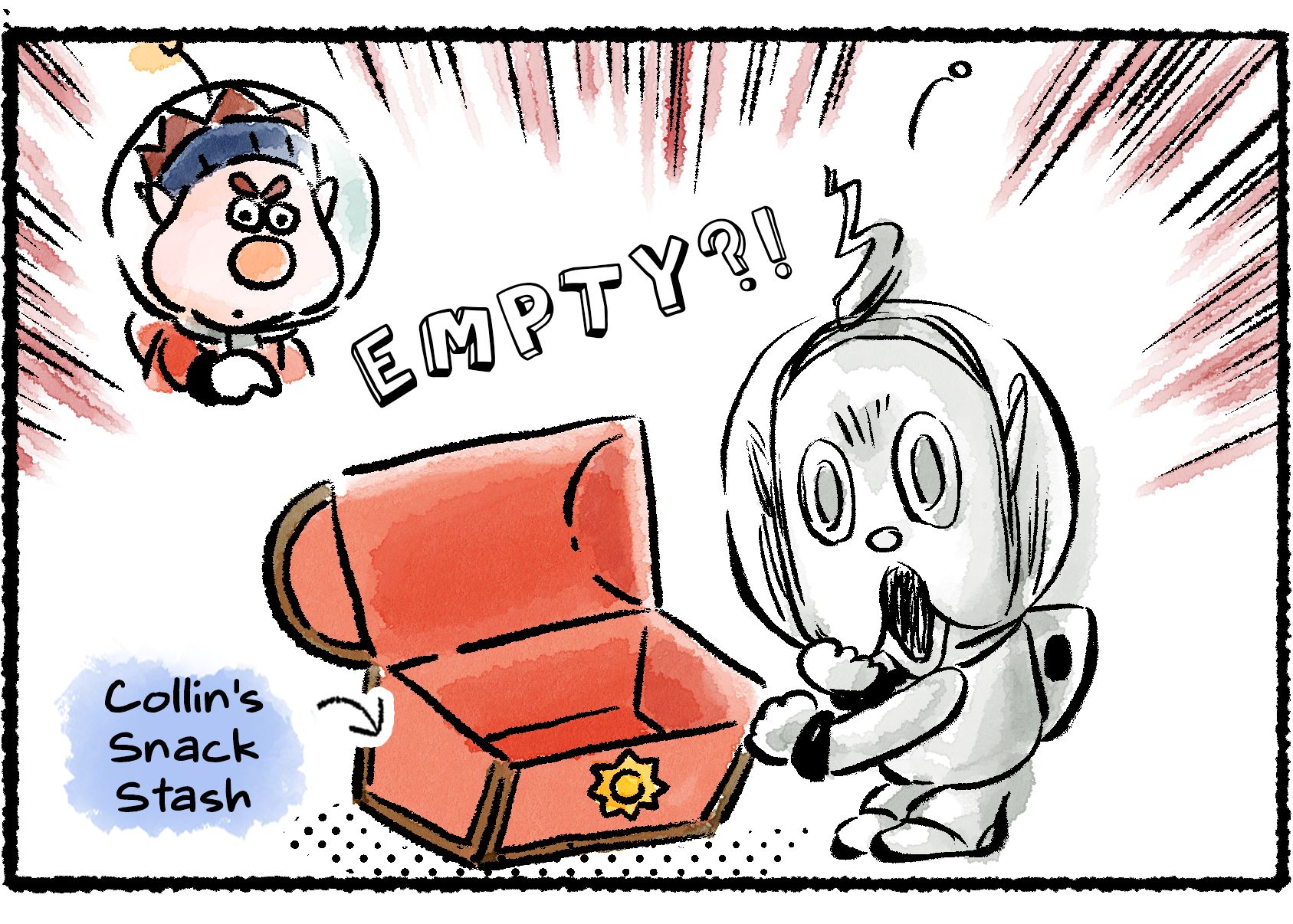 Panel three. Collin opens a box and discovers, to his absolute horror, that it is empty. Descriptive text labels the box as "Collin's Snack Stash".