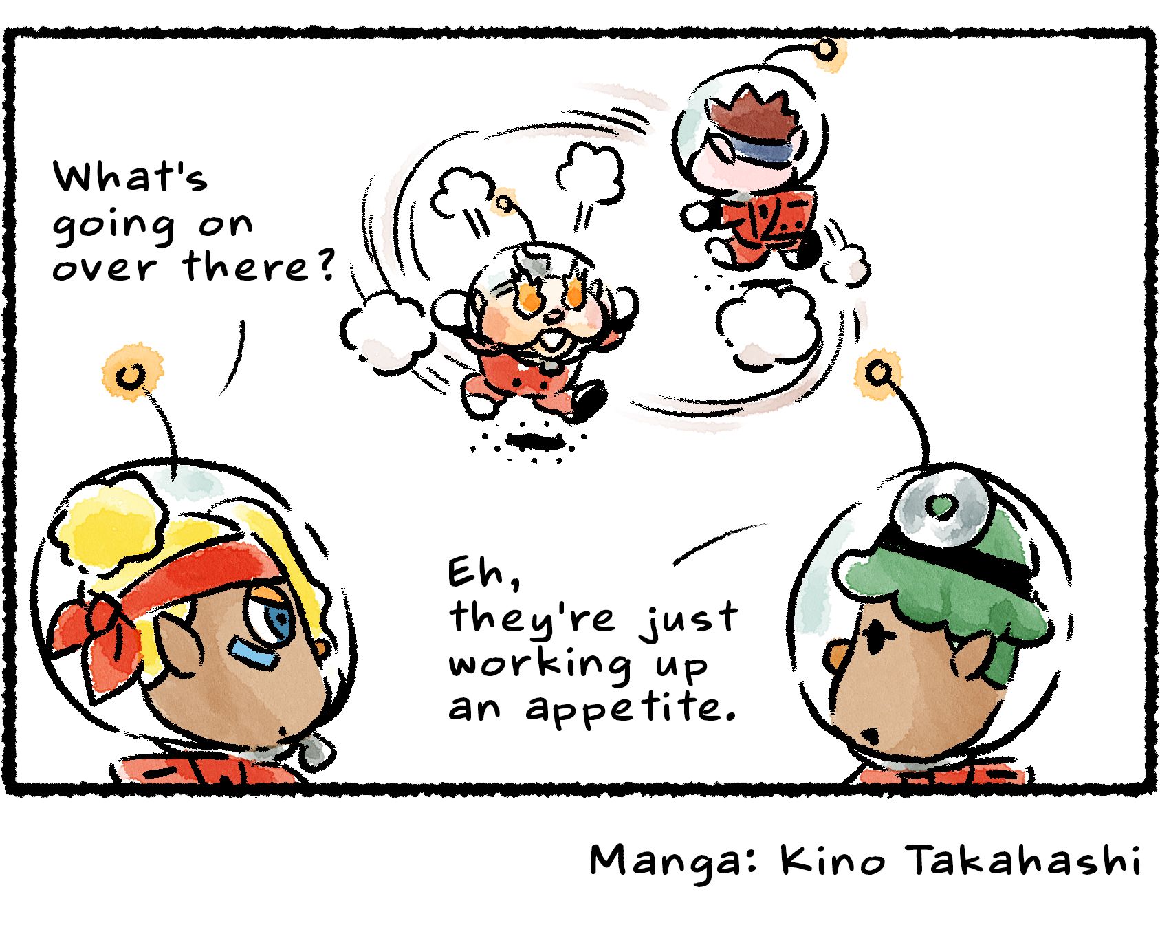 Panel four. Collin furiously chases Dingo around in circles. "What's going on over there?" Shepherd asks. "Eh," Yonny says, "they're just working up an appetite."