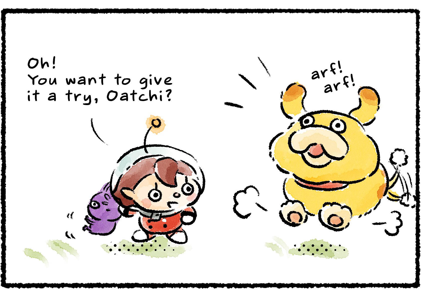 Panel two. Oatchi jumps up and down and barks excitedly. "Oh!" the Rescue Officer says, Purple Pikmin in hand. "You want to give it a try, Oatchi?"