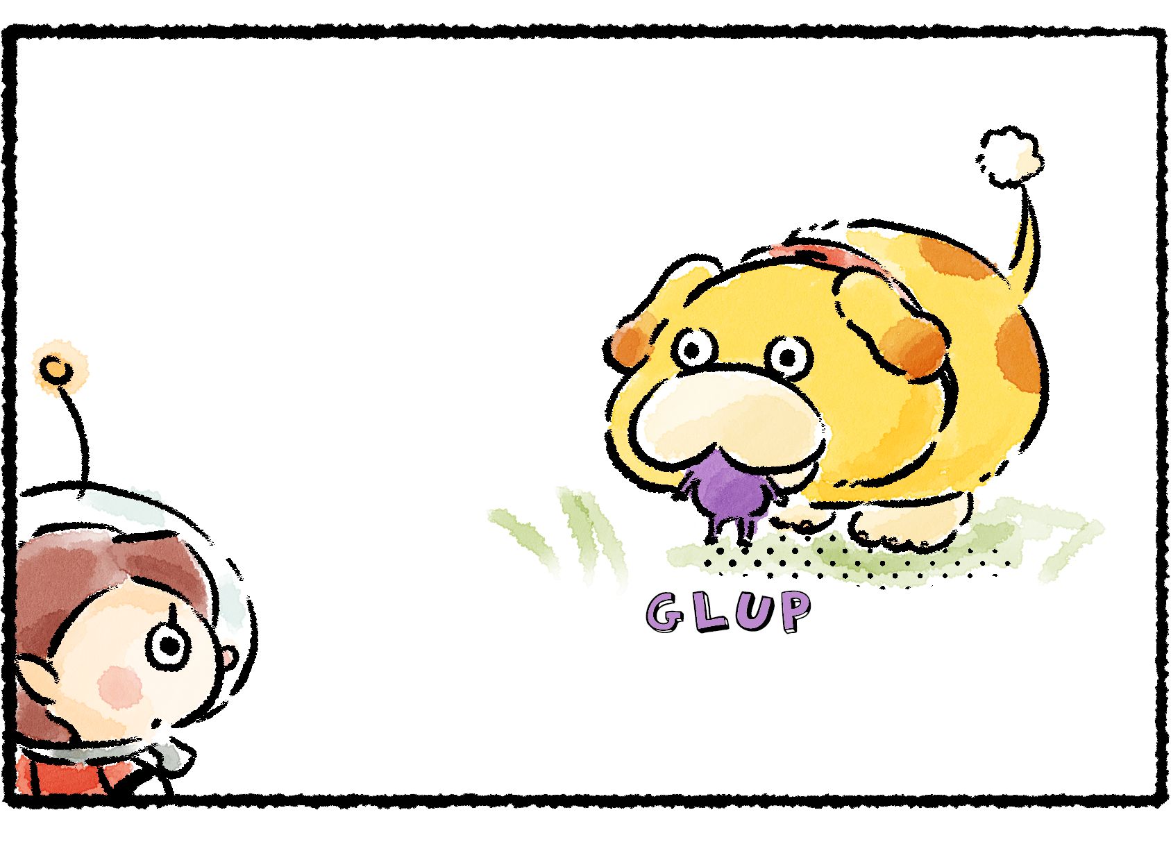 Panel three. Oatchi picks the Purple Pikmin up with his mouth.