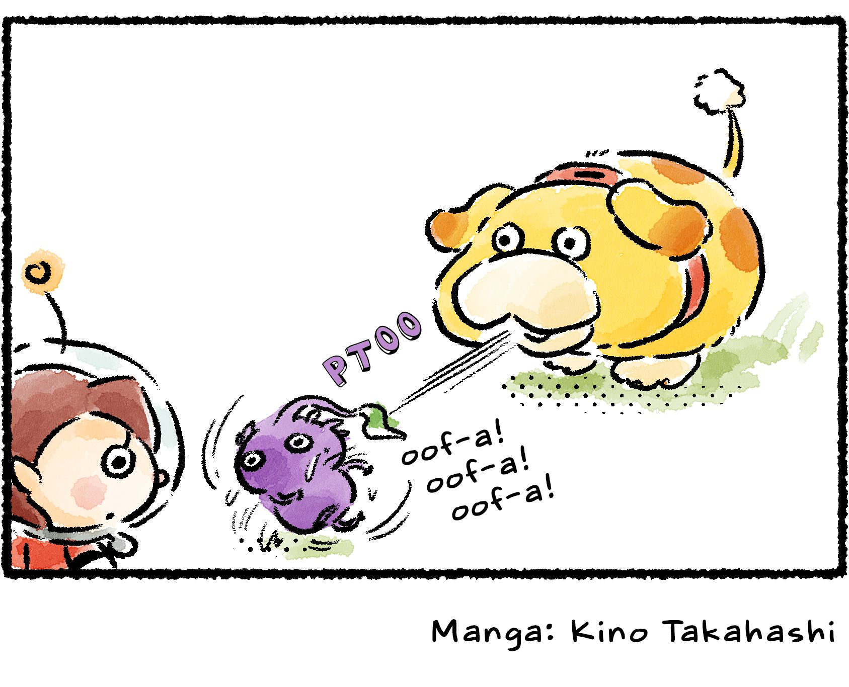 Panel four. Oatchi spits the Purple Pikmin out, sending it flying straight forward. It tumbles end over end, wet with Oatchi's drool.