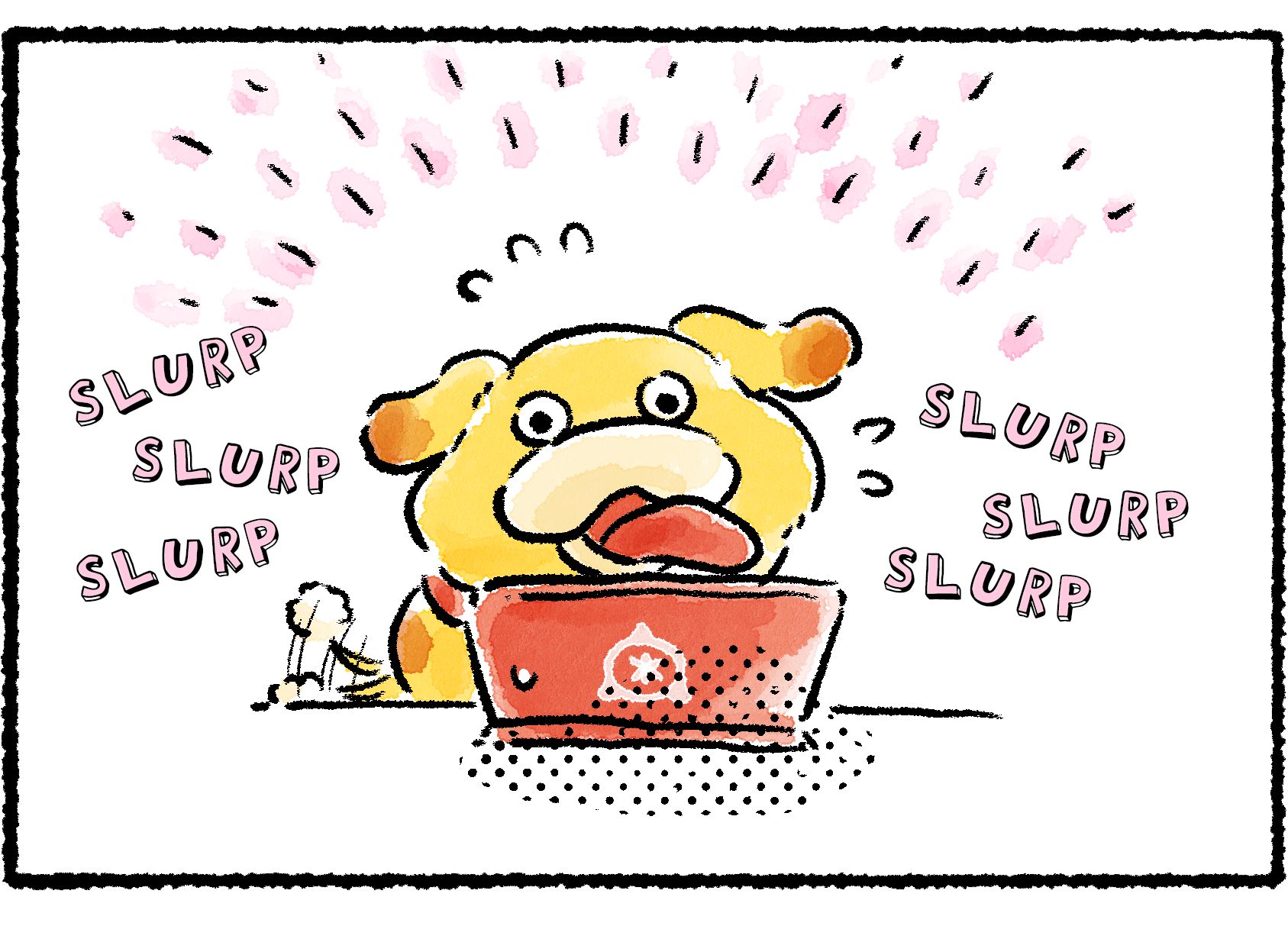 Panel three. Oatchi wags his tail and licks the computer screen excitedly.