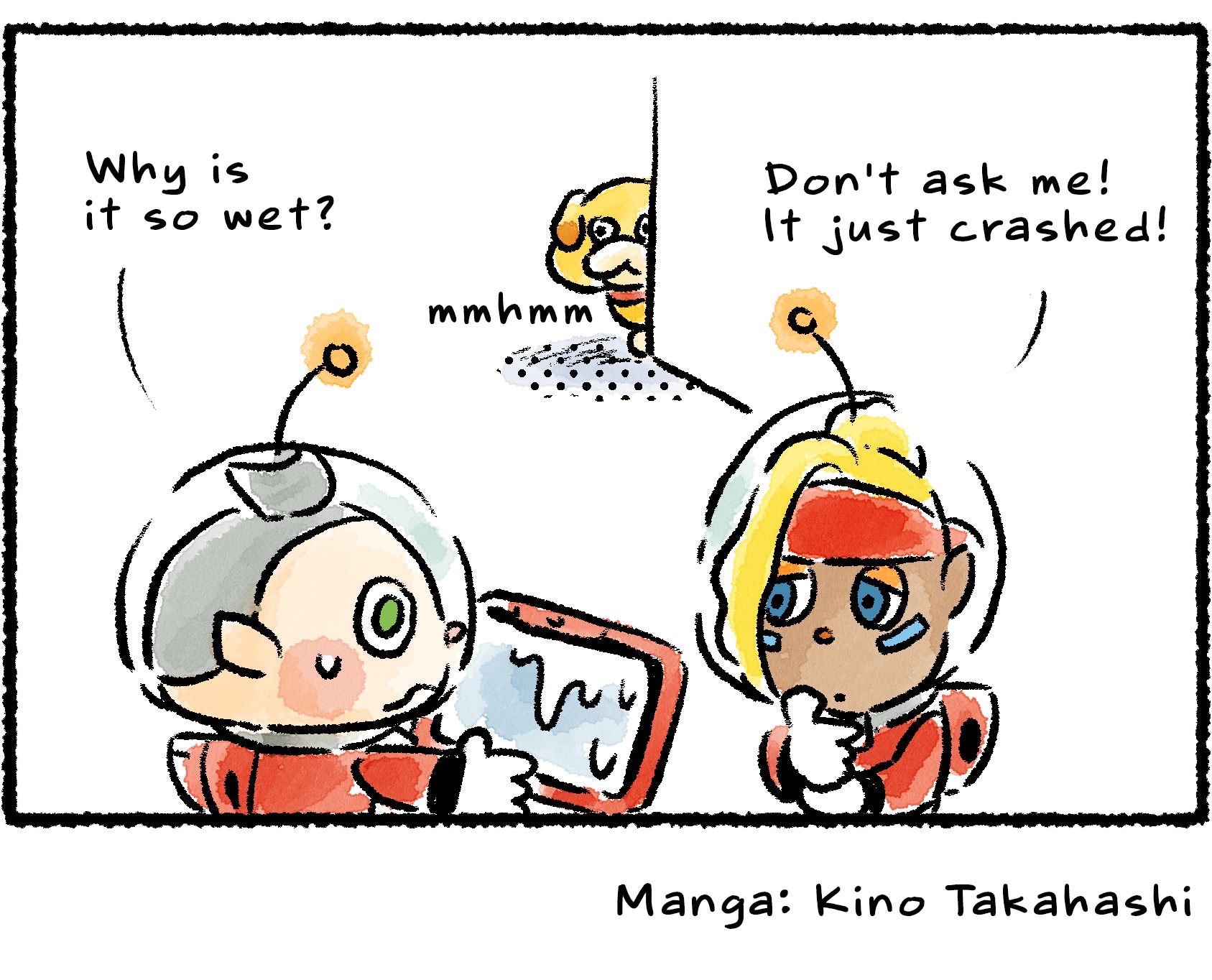 Panel four. Shepherd brings the computer, which is now broken, to Collin. "I don't know what happened!" she says. "It just crashed!" Collin asks, "Why is it so wet?" Oatchi peeks from around a corner, looking a bit guilty.