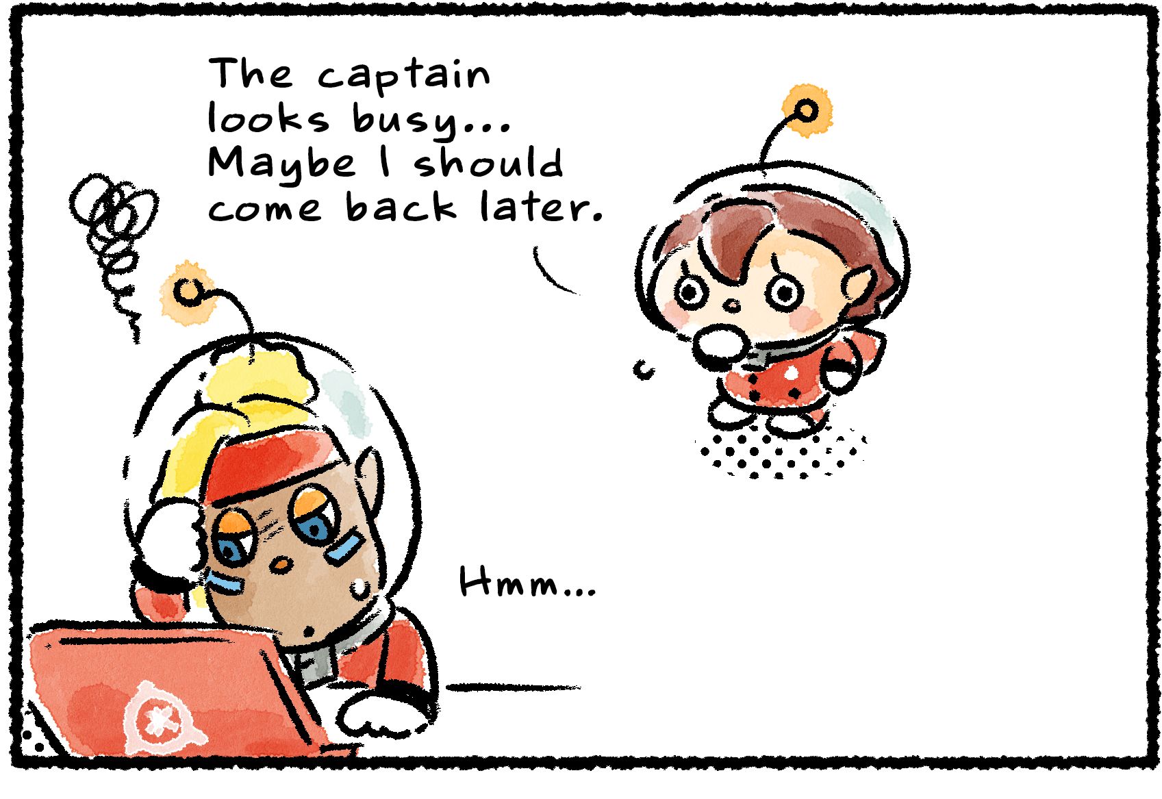 Panel one. Shepherd stares at her computer screen, deep in thought. "Hmm..." A Rescue Officer approaches, but hesitates. "The captain looks busy," she says. "Maybe I should come back later."