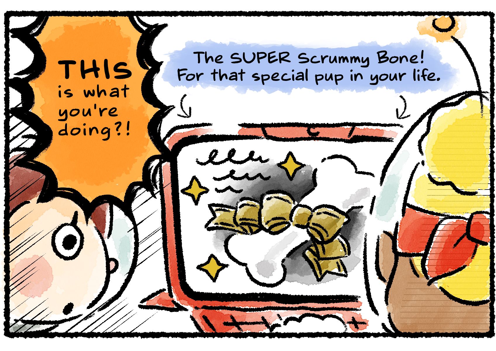 Panel two. The Rescue Officer approaches the screen and sees the ad Shepherd has been staring at: "The SUPER Scrummy Bone! For that special pup in your life." The Rescue Officer says, "This is what you're doing?!"