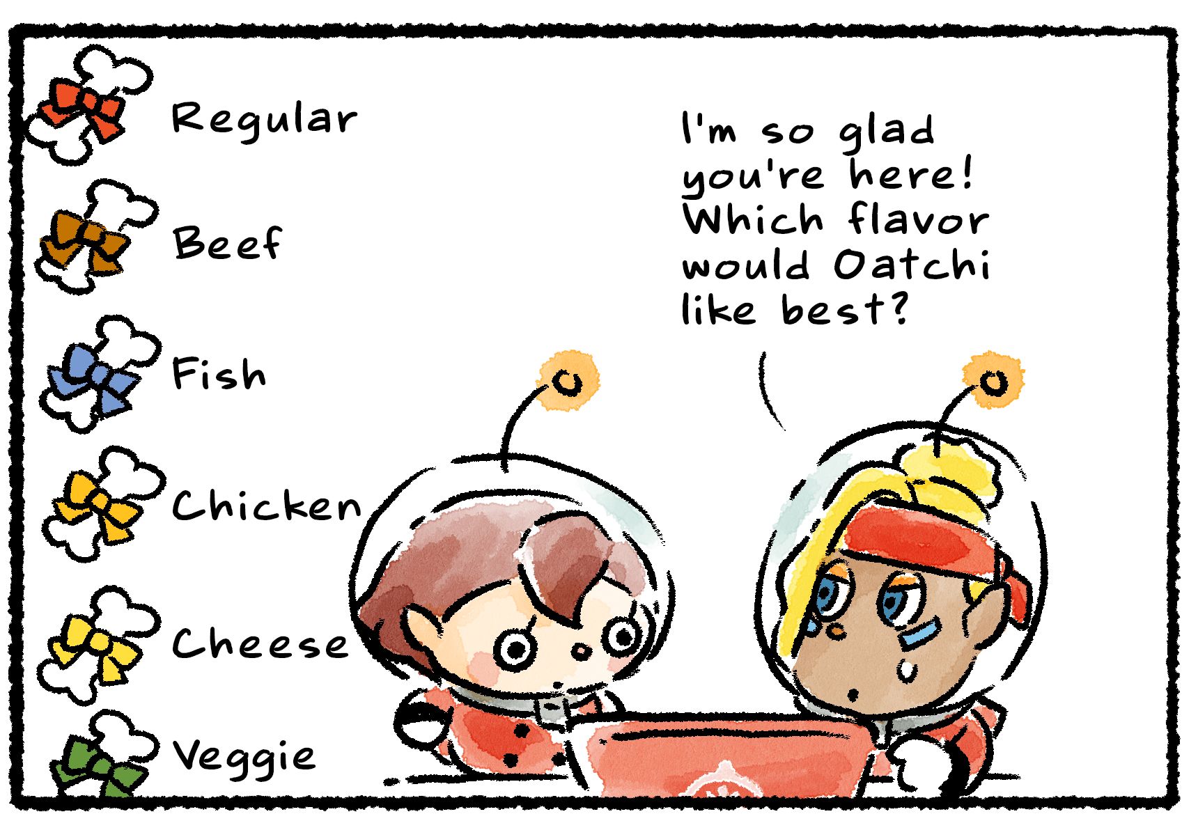 Panel three. Shepherd shows a list of Scrummy Bones with a different color bows. "I'm so glad you're here!" she says. "Which flavor would Oatchi like best?" Descriptive text shows the flavors: Regular, Beef, Fish, Chicken, Cheese, and Veggie.