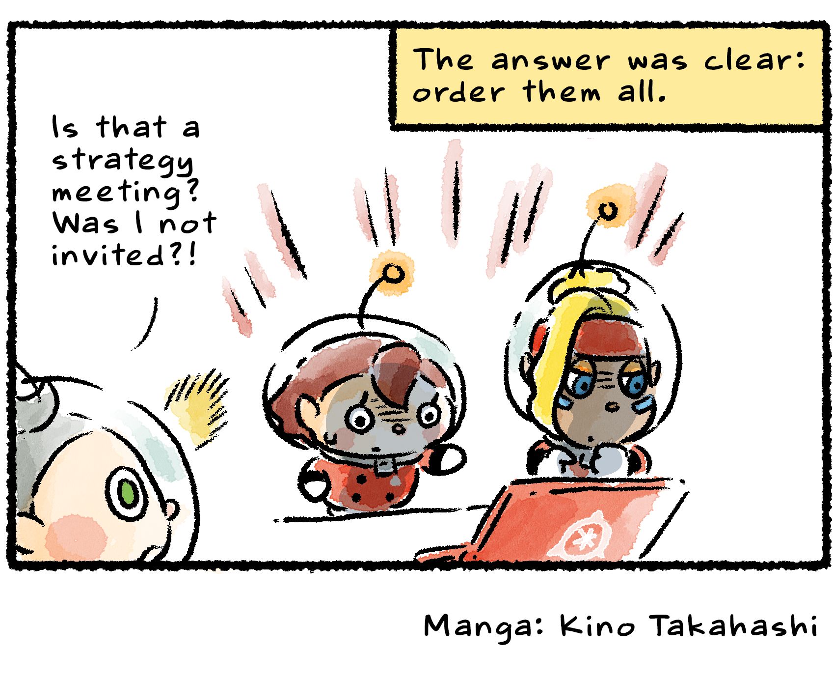 Panel four. Collin walks in on Shepherd and the Rescue Officer staring at the computer screen. "Is that a strategy meeting?" he asks. "Was I not invited?!" About the Scrummy Bones, narrator text says: "The answer was clear: order them all."