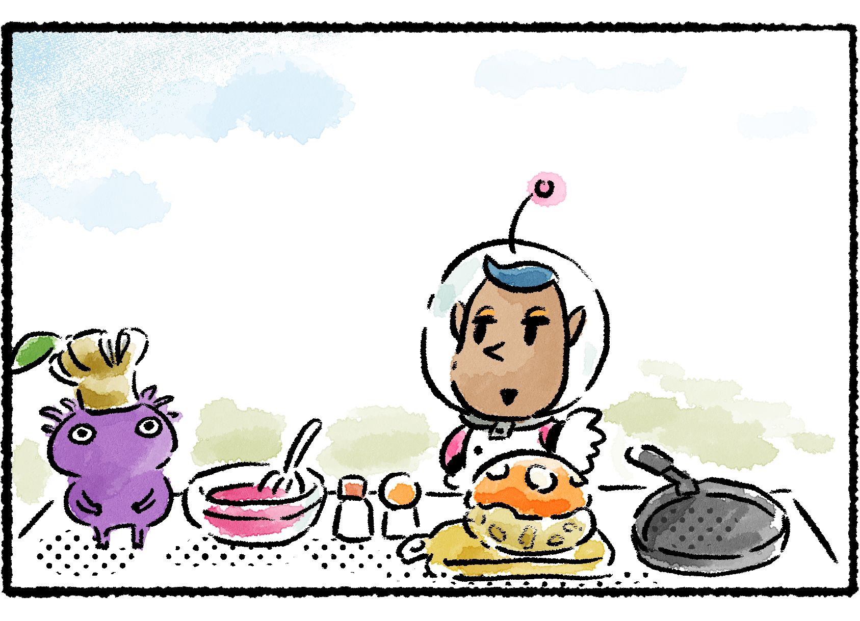 Panel three. The Purple Pikmin stands dumbfounded in the wake of Ren's extremely long and detailed instructions.