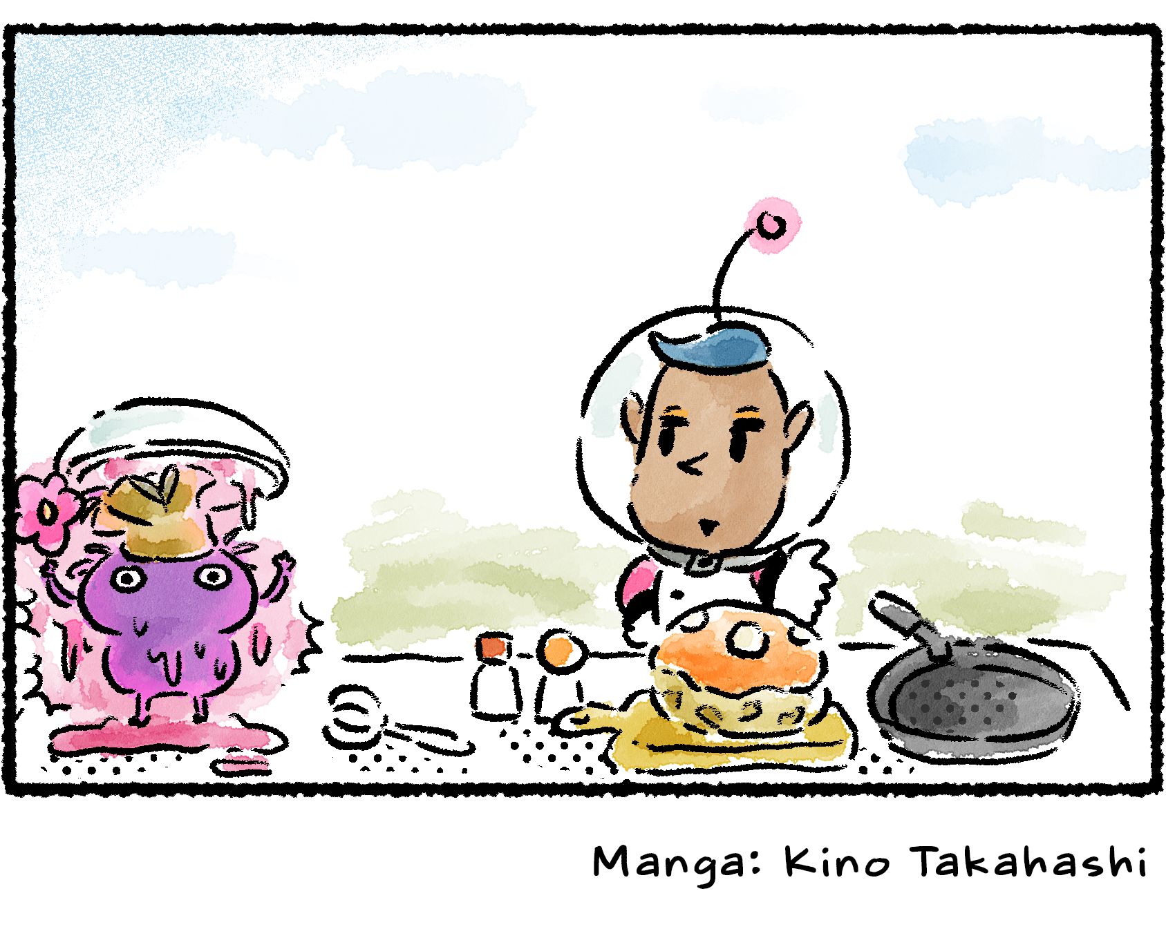 Panel four. The Purple Pikmin empties the bowl of ultra-spicy nectar over its own head.