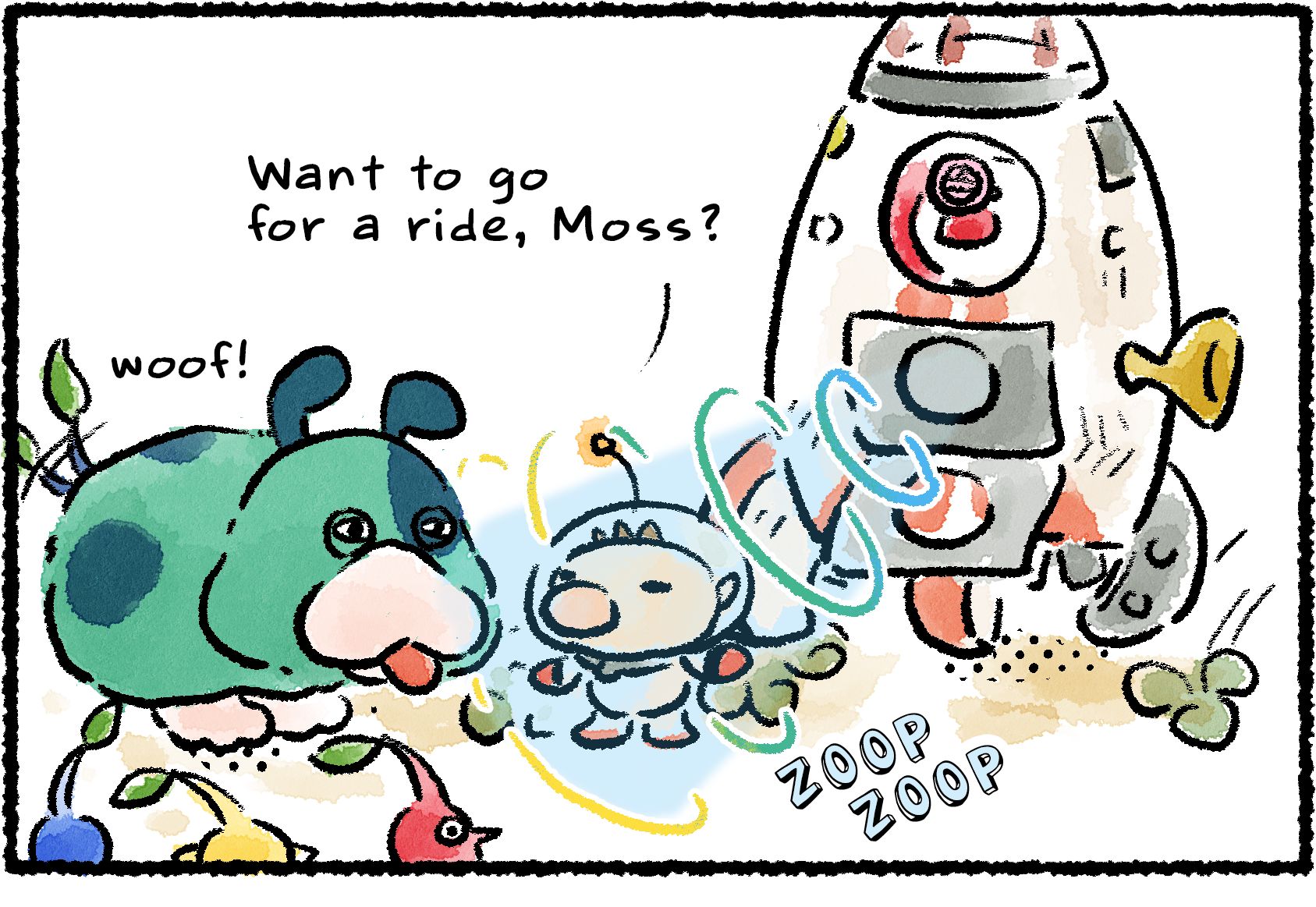 Panel one. Olimar, Moss, and several Pikmin stand outside Olimar's ship. "Want to go for a ride, Moss?" Olimar says. A beam zaps out toward him from the ship.