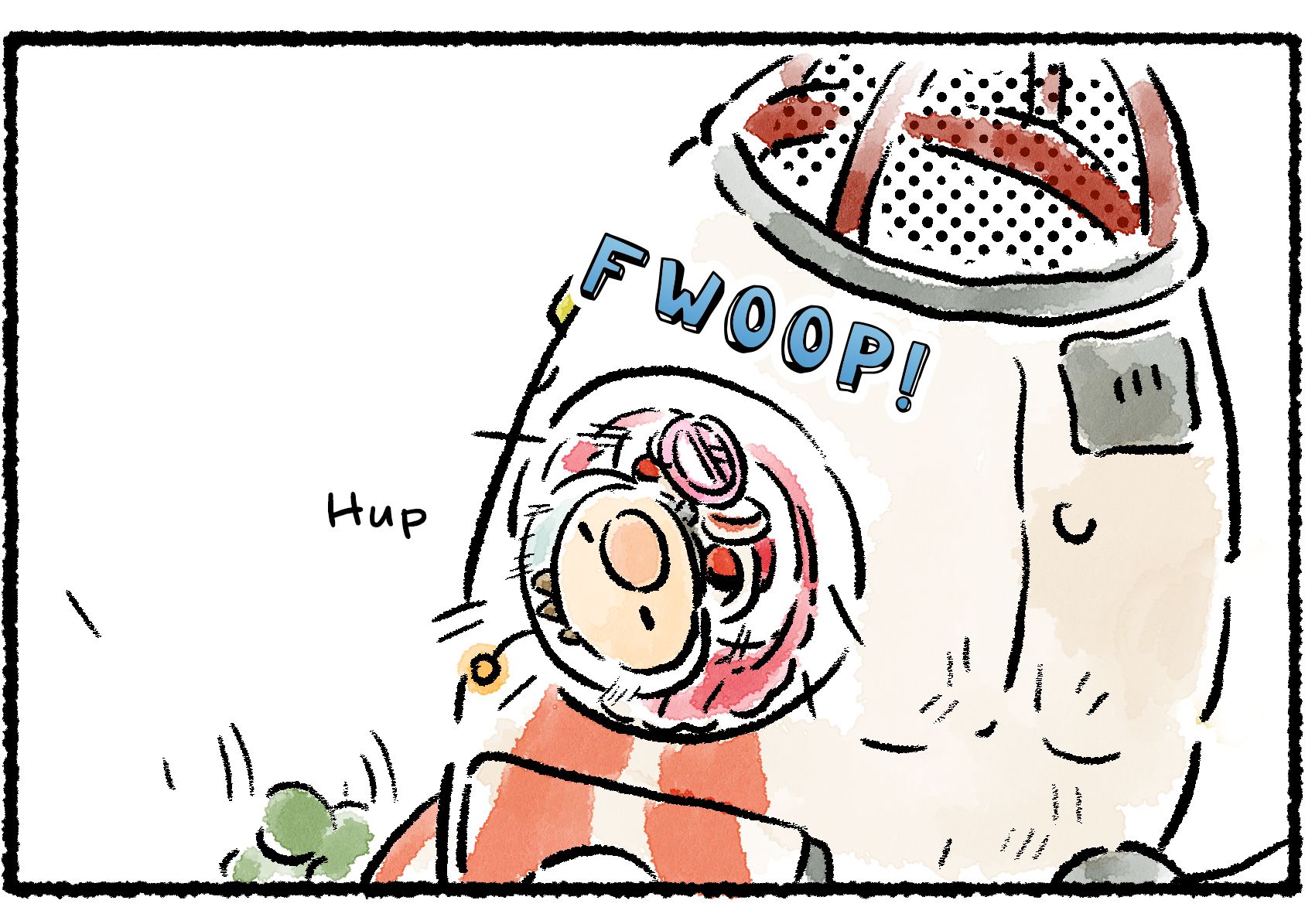 Panel two. Olimar is sucked into the ship and lands in the cockpit with a "FWOOP!"