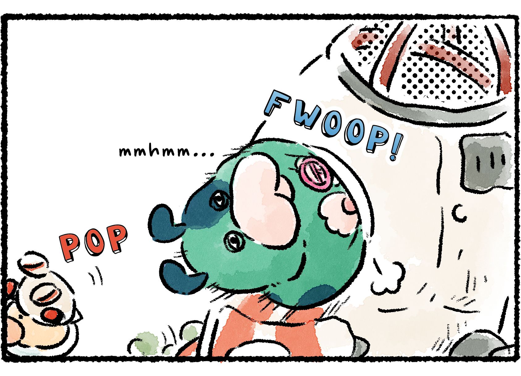 Panel three. Moss tries to enter the cockpit, but doesn't fully fit. Squeezing in, she forces Olimar out. Olimar falls to the ground. "Moss!"