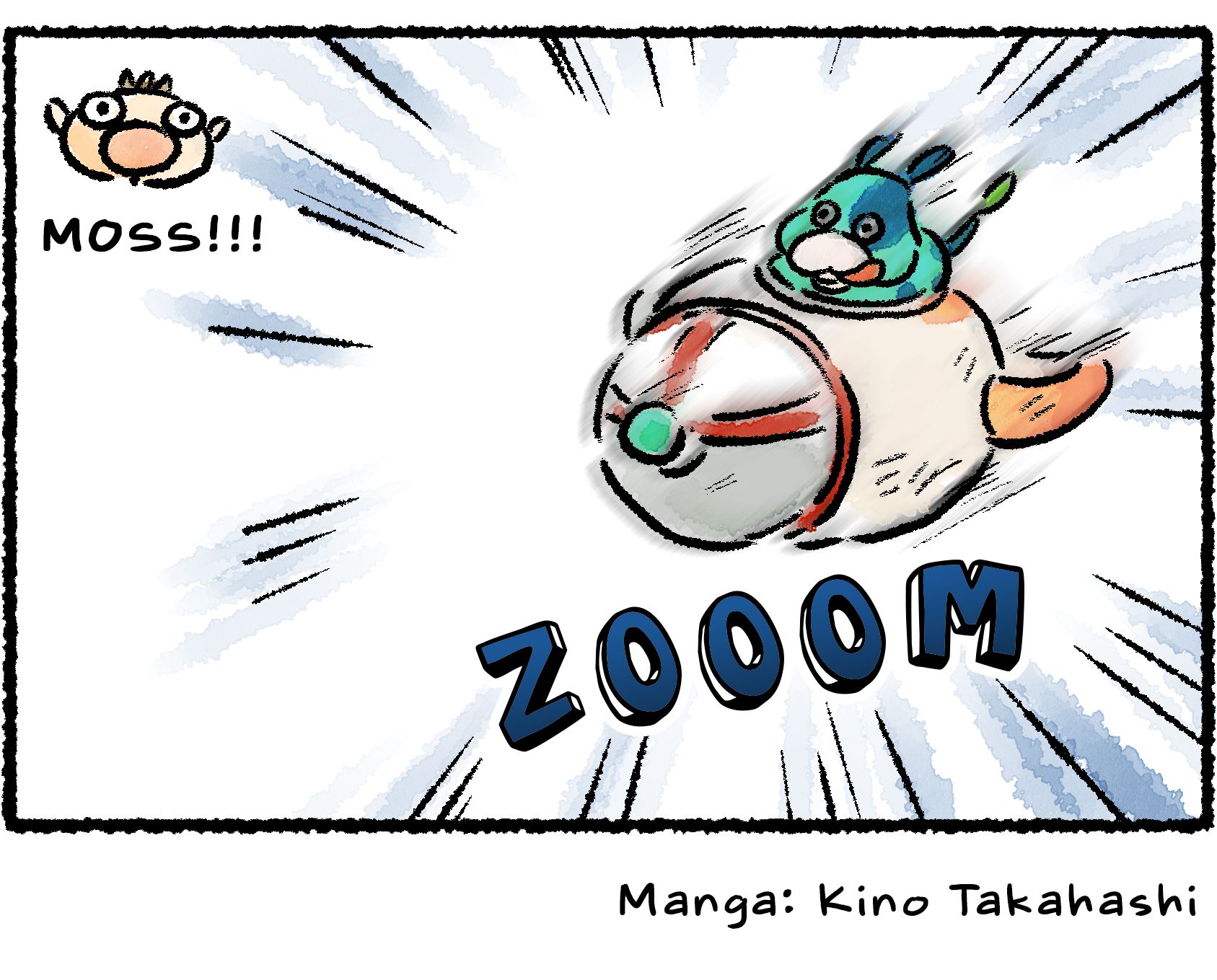 Panel four. The ship takes off with Moss's head sticking out through the top. Moss's tongue hangs out as the ship accelerates to high speed. From the ground, Olimar cries out: "MOSS!!!"