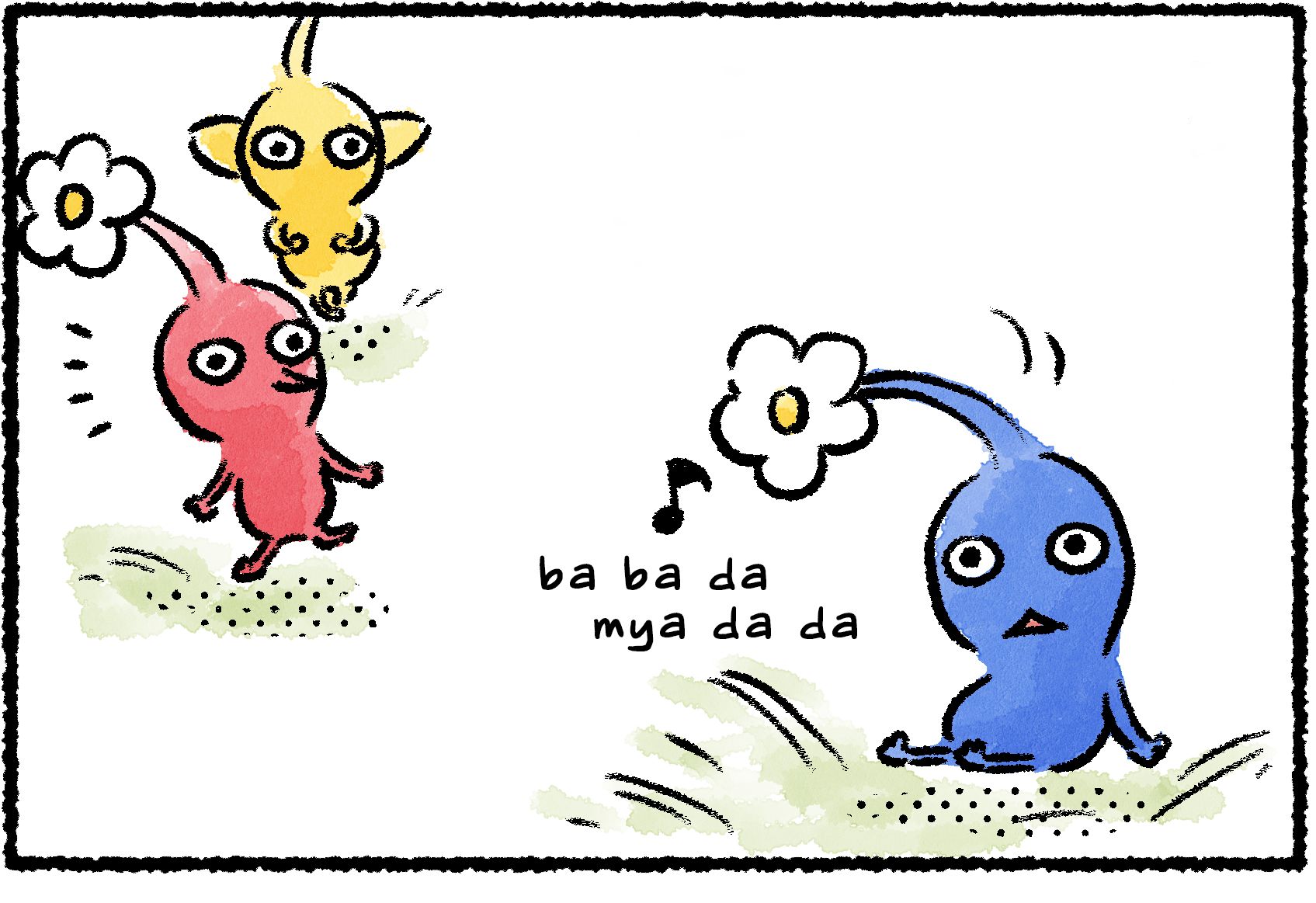 Panel one. A Blue Pikmin is singing. A Red and Yellow Pikmin soon approach curiously.