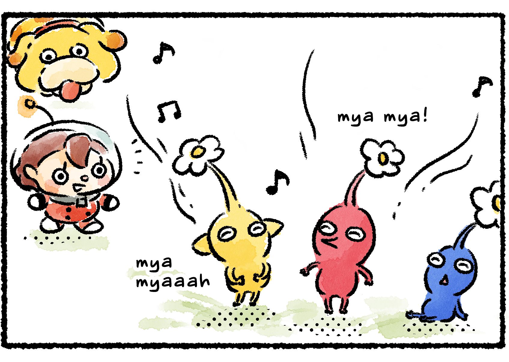 Panel two. The three Pikmin from the previous panel are all singing together. Oatchi and a Rescue Officer wander over.