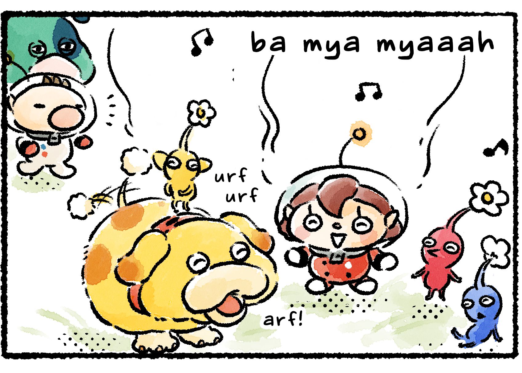 Panel three. Everyone is singing as a group now. Moss and Olimar step on to the scene.