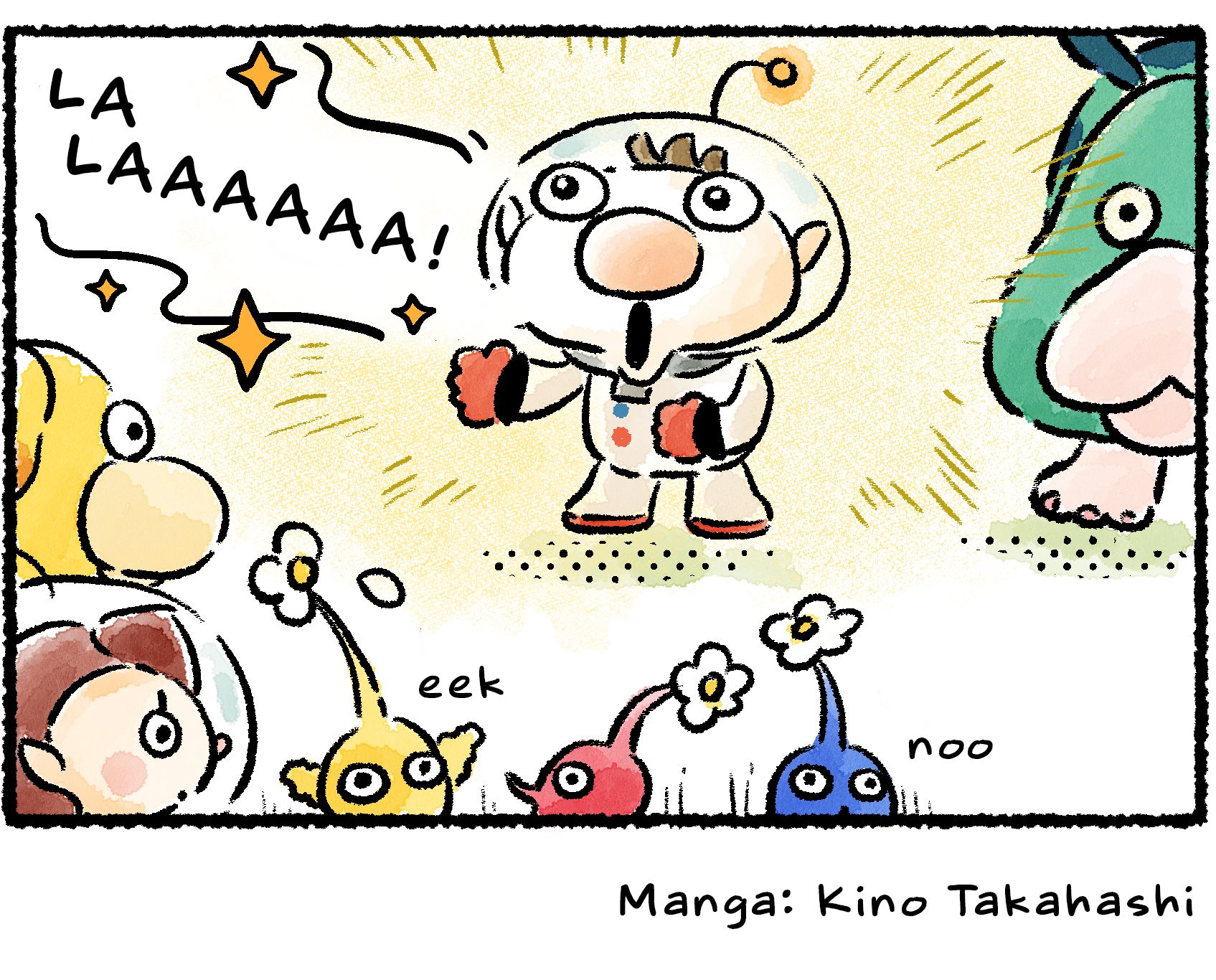Panel four. Olimar sings a loud, unpleasant note that brings the whole performance to a stunned halt.
