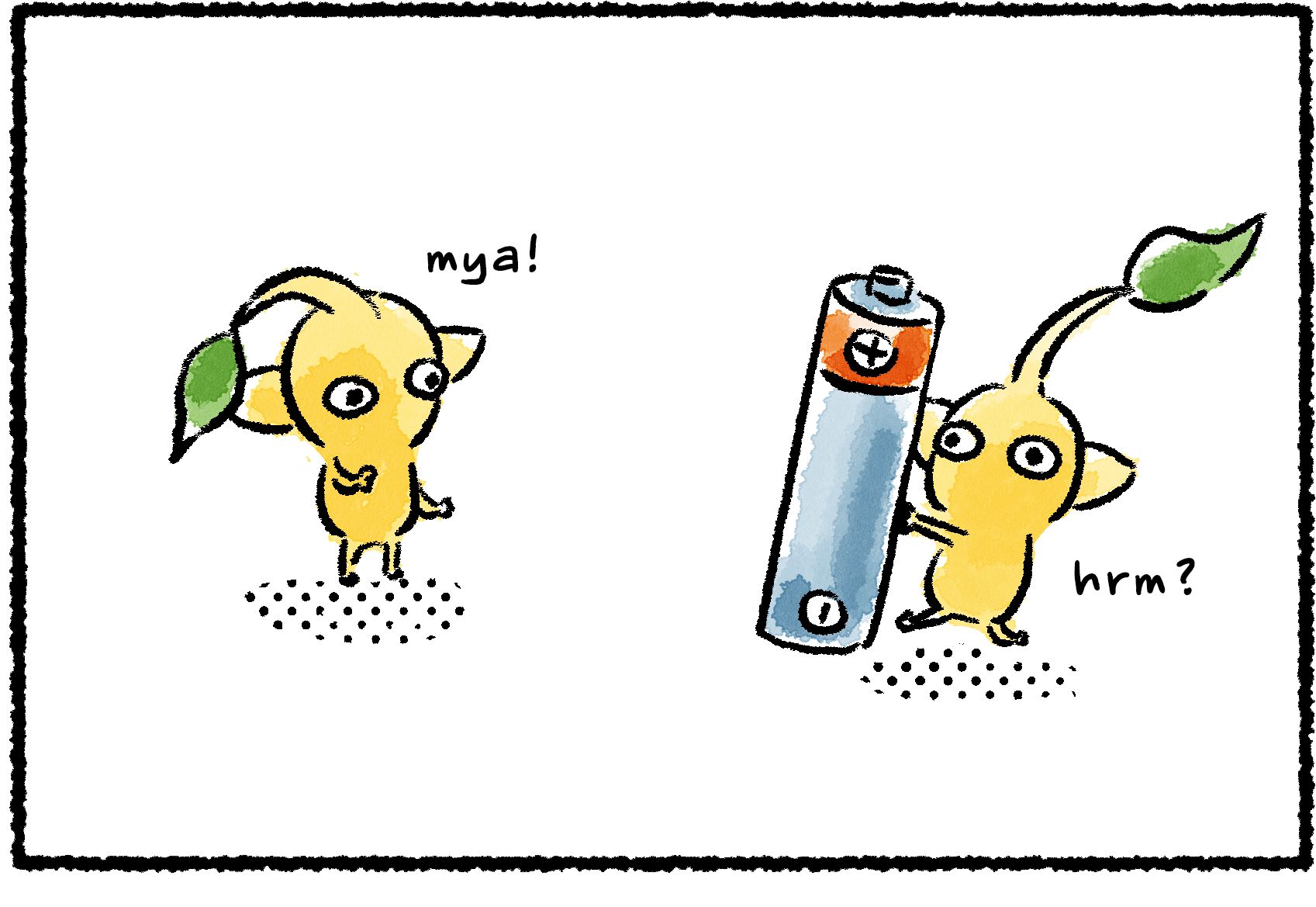 Panel one. A Yellow Pikmin is showing a battery to another Yellow Pikmin. The one with the battery seems excited. The other is curious.