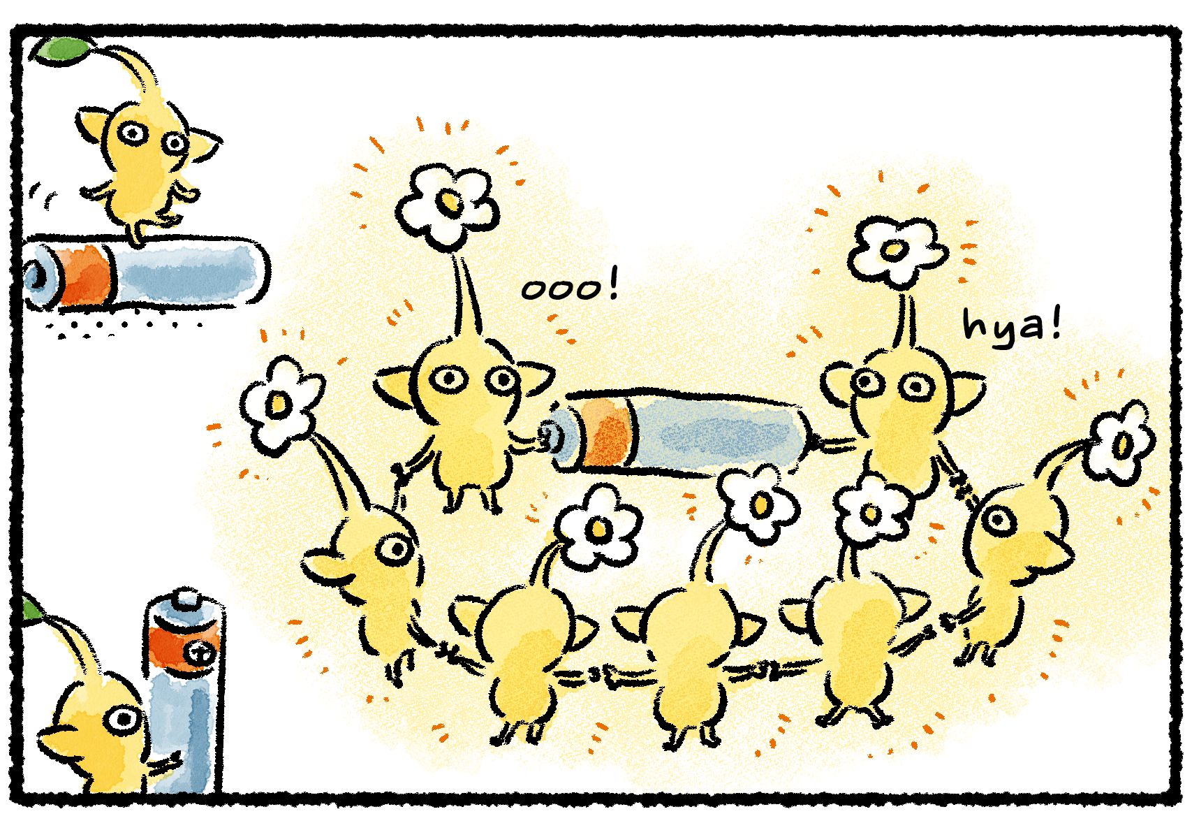 Panel two. Seven Yellow Pikmin stand in a ring holding hands, with the battery forming a link in the chain and lighting them up with electricity. Two more Yellow Pikmin are bringing batteries to play with.