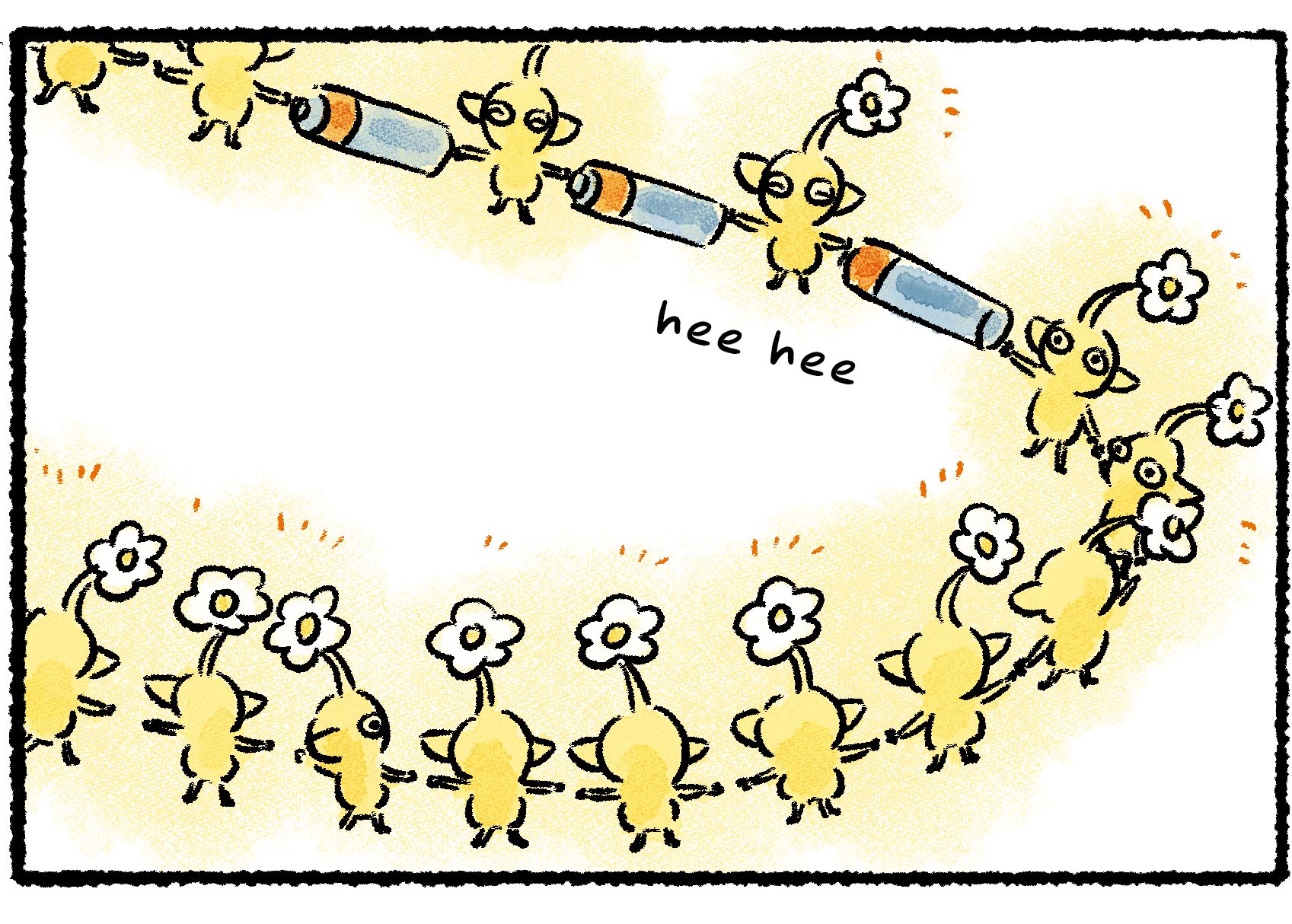 Panel three. A very long electrified link of Yellow Pikmin and batteries is forming.