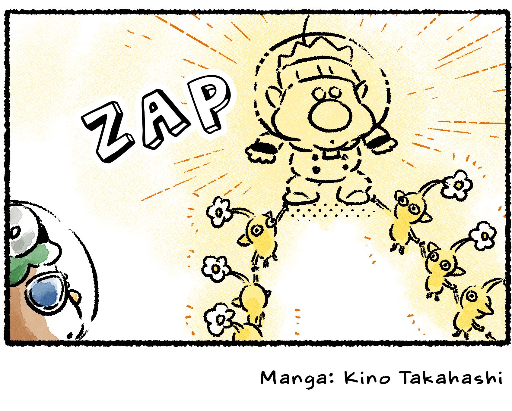 Panel four. The Pikmin at the ends of the electrical chain touch Dingo. Yonny watches from afar as Dingo is zapped.