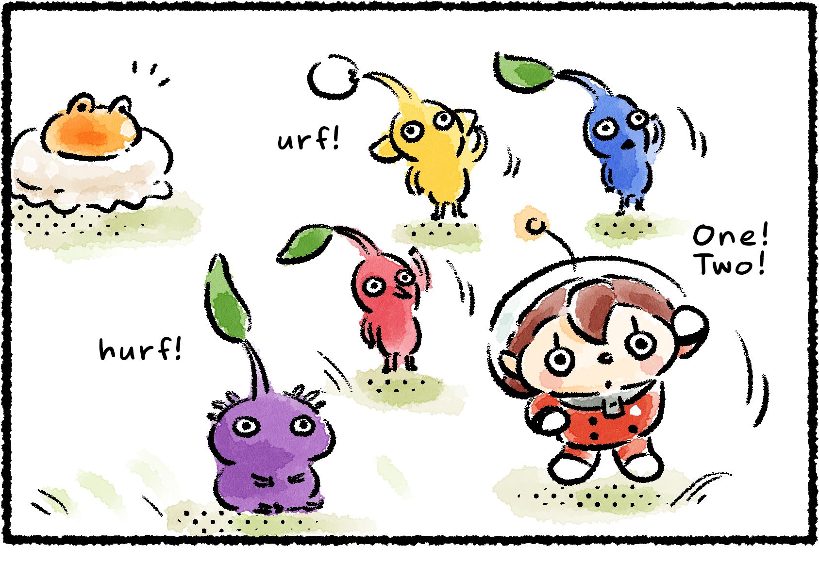 Panel one. A Rescue Officer is leading  four Pikmin and a Sunsquish in a series of stretches. "One! Two!" The Red, Yellow, and Blue Pikmin follow along, while the Purple Pikmin sits still.