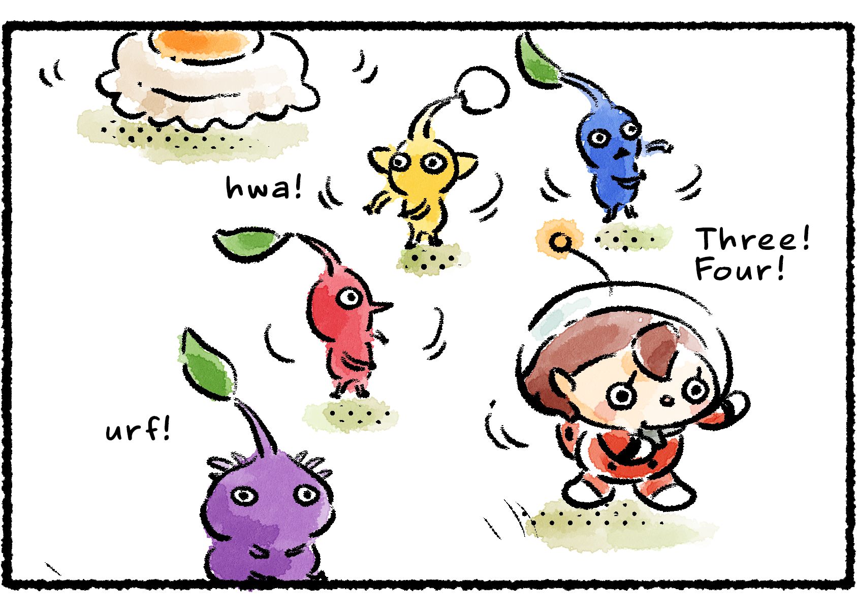 Panel two. The Rescue Officer twists side to side. "Three! Four!" All except the Purple Pikmin follow along.