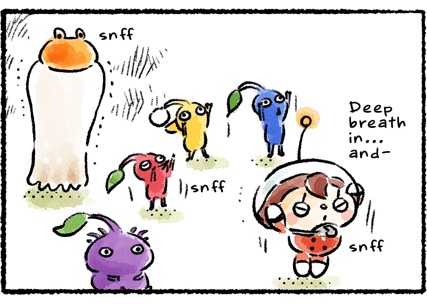 Panel three. The Rescue Officer stretches her arms up into the air and says, "And deep breath in..." The Pikmin (except Purple) follow along. The Sunsquish stretches its whole body as tall as it can.