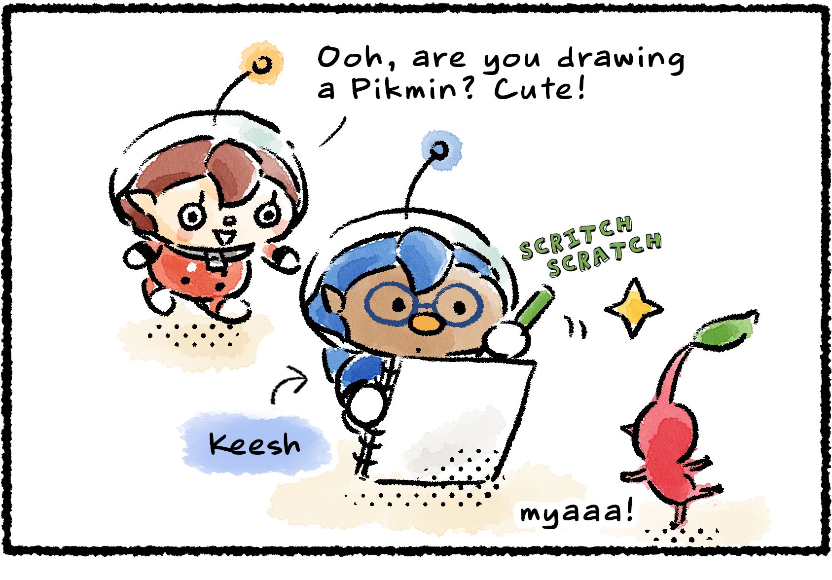 Panel one. A Red Pikmin strikes a pose, standing on one foot by a hydro jelly, while Keesh is drawing. A Rescue Officer walks up and says, "Ooh, are you drawing a Pikmin? Cute!"