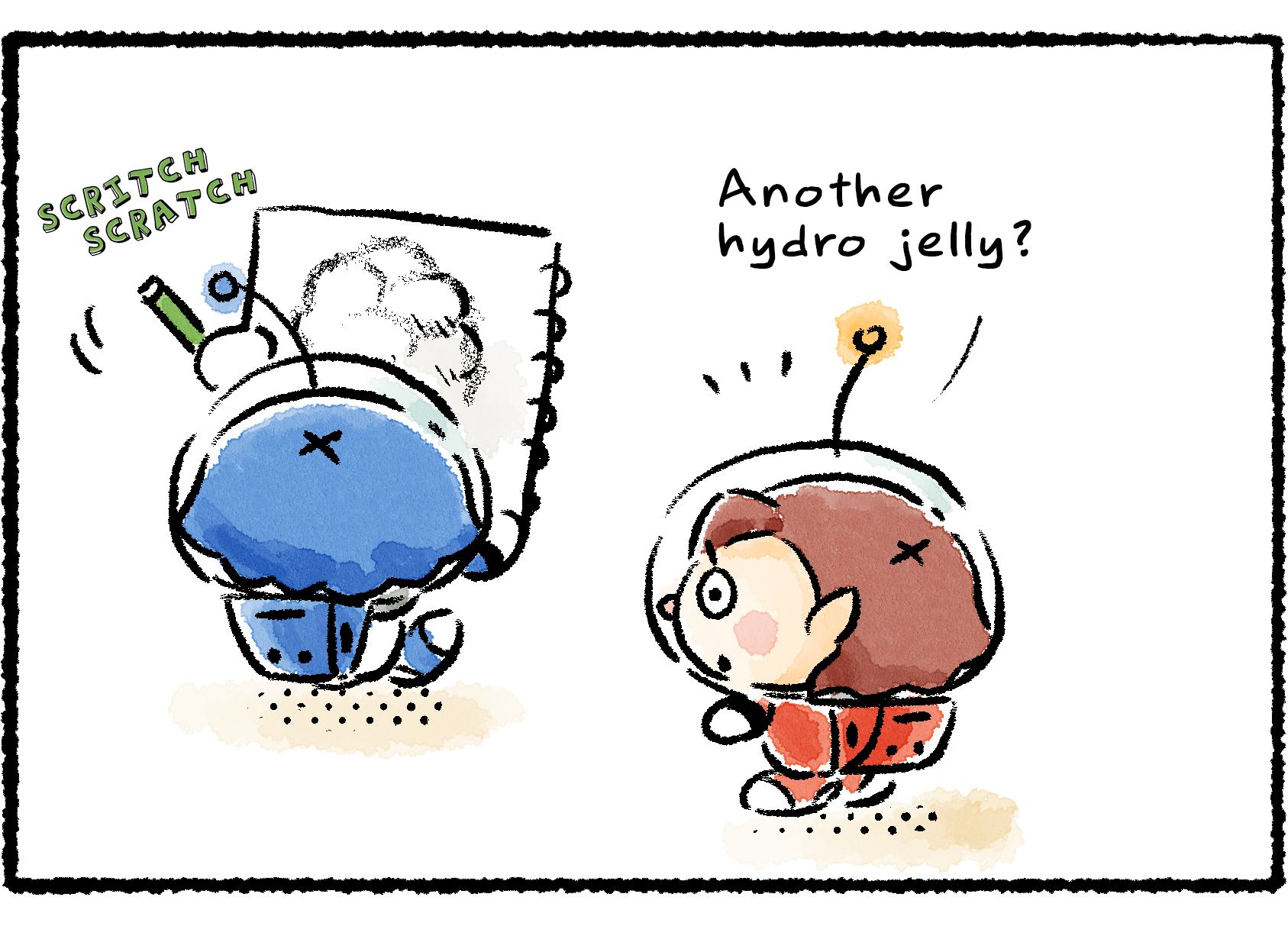 Panel three. The Rescue Officer approaches Keesh, who appears to be drawing the same scene as before. "Another hydro jelly?" the Rescue Officer asks.