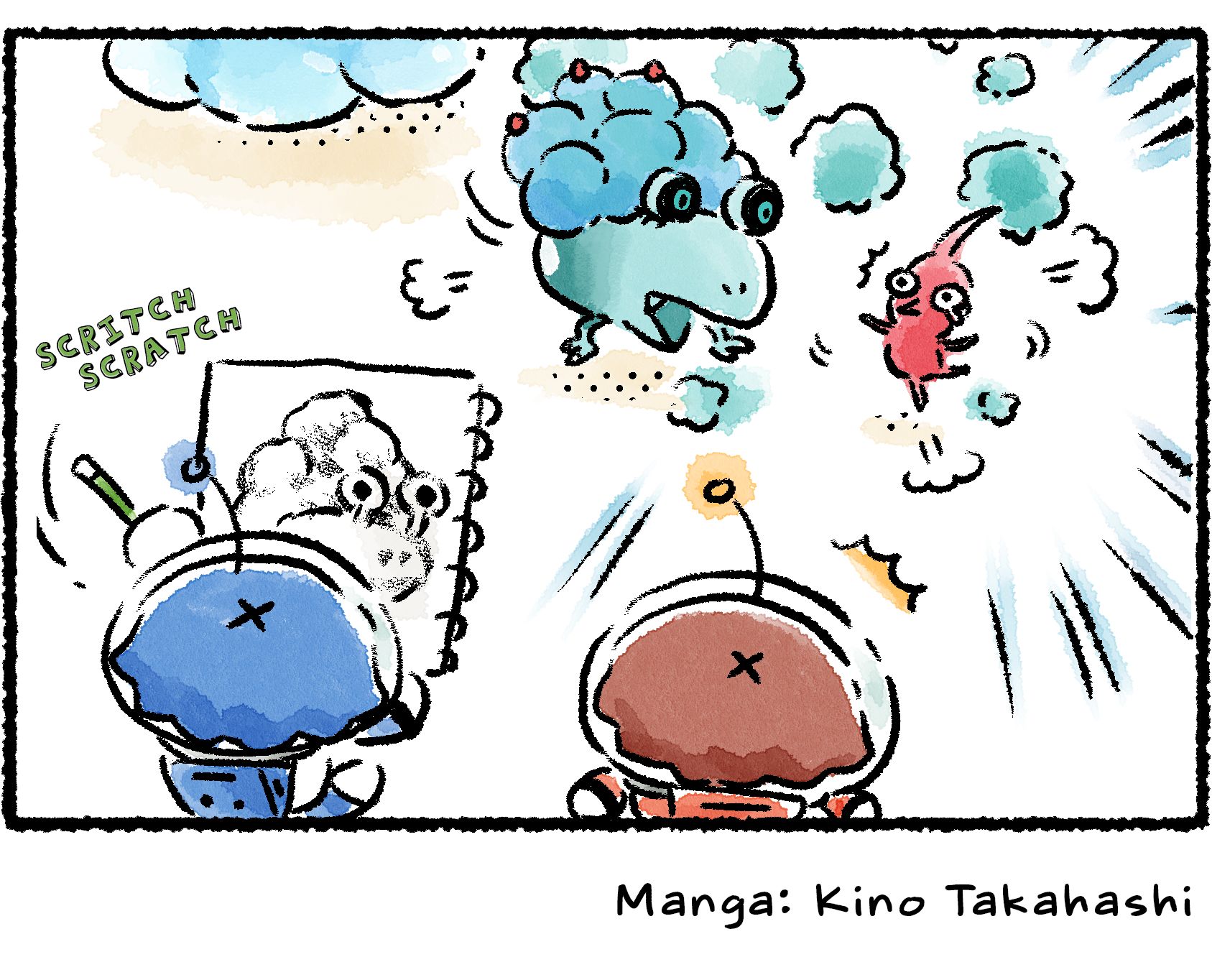 Panel four. Keesh is shown to be sketching a Moldy Dwarf Bulborb that is attacking the posing Red Pikmin from earlier.