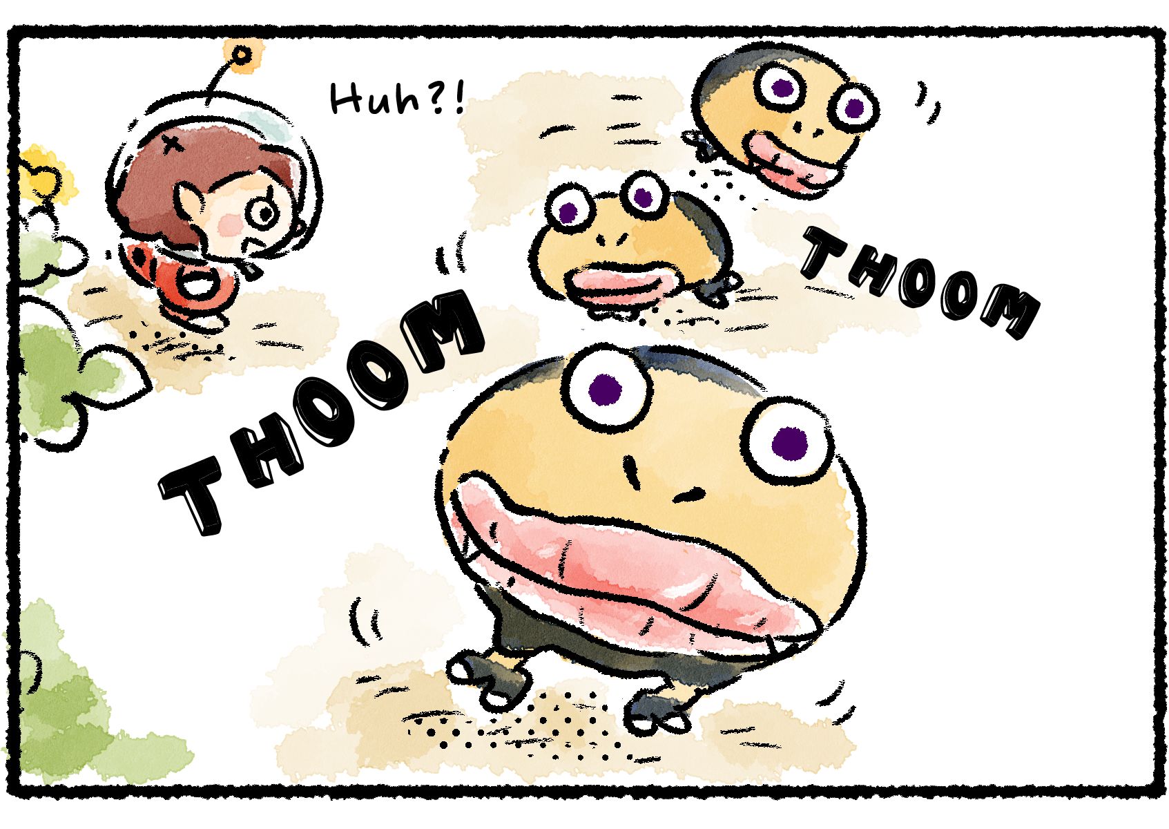 Panel two. The Spotty Bulbear family walk continues, their thunderous steps making loud THOOM sounds. A Rescue Officer stumbles upon the scene. "Huh?!"