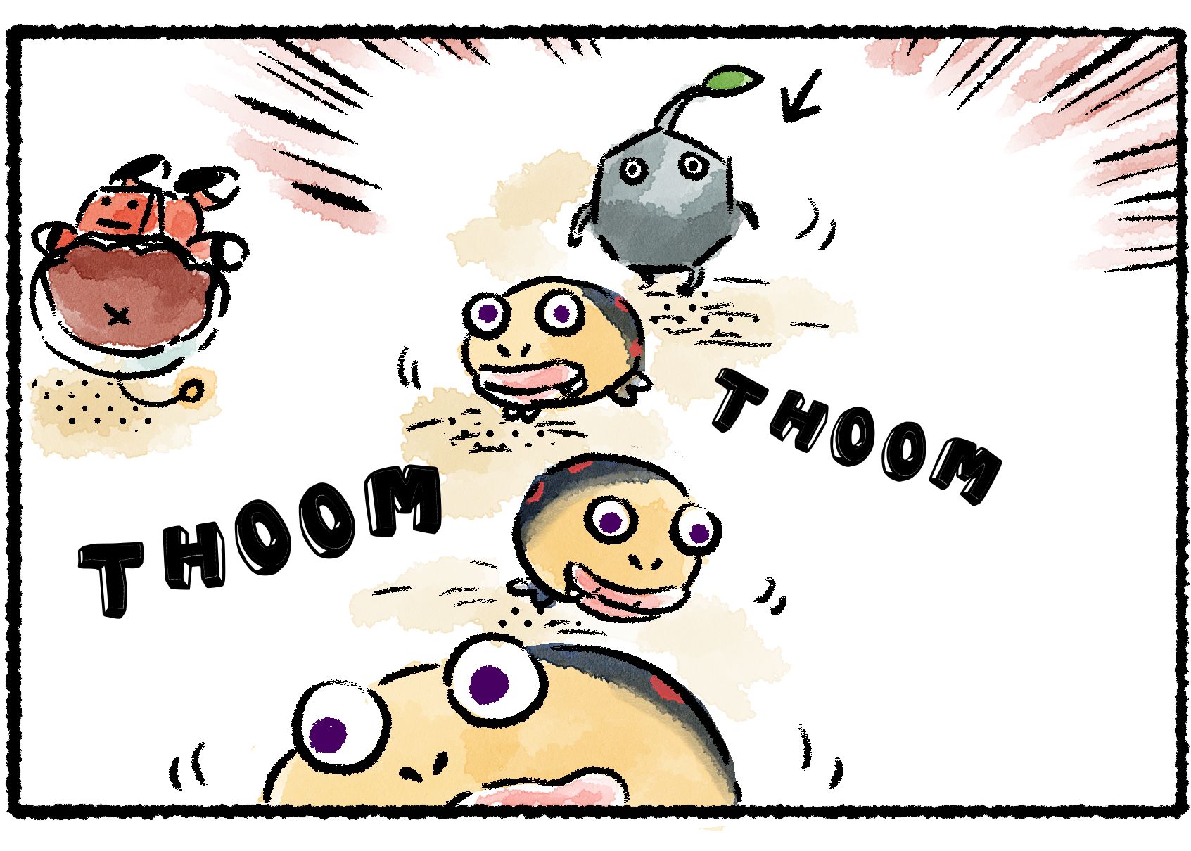 Panel three. The stampede has knocked the Rescue Officer over. A Rock Pikmin has joined the family, trotting along with the Spotty Bulbears.