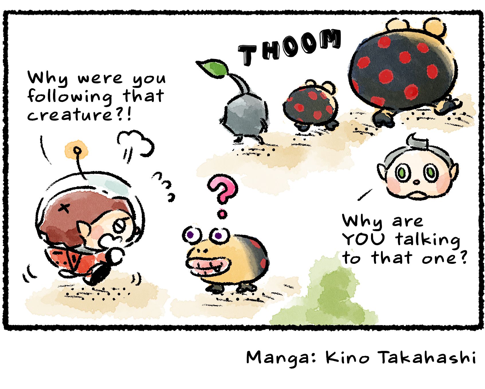 Panel four. The Rescue Officer gets up and says, "Why were you following that creature?!" She means to ask the Rock Pikmin, but she only gets the attention of a Dwarf Bulbear. Collin appears inset to say: "Why are YOU talking to that one?"